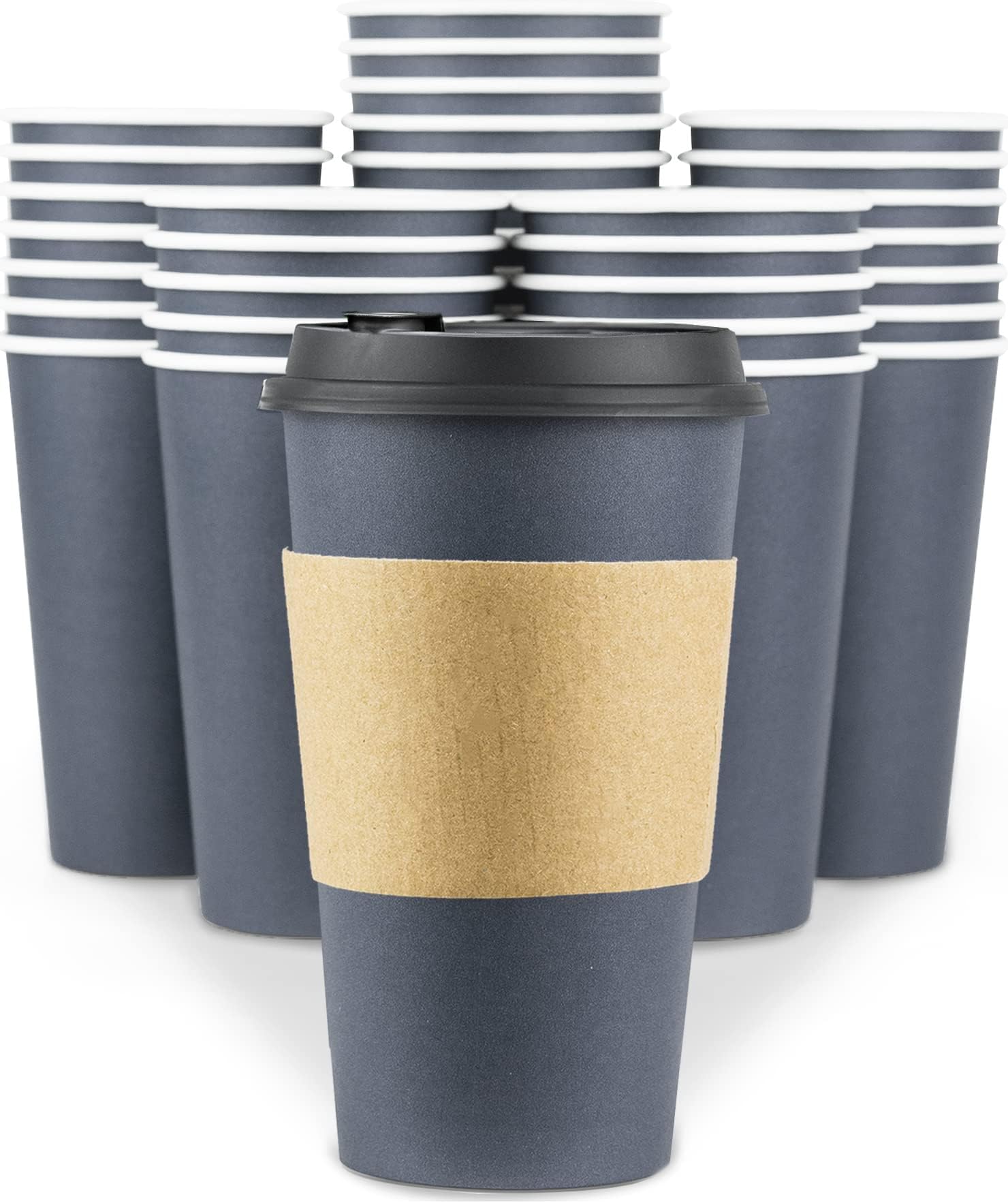 Disposable Coffee Cups With Lids - 16 oz To Go Coffee Cups (80 Set) With Sleeves and Lids Prevent Leaks. Paper Togo Hot Cup Holds Shape With Hot, Cold Drinks. Insulated to Protect Fingers from Heat!