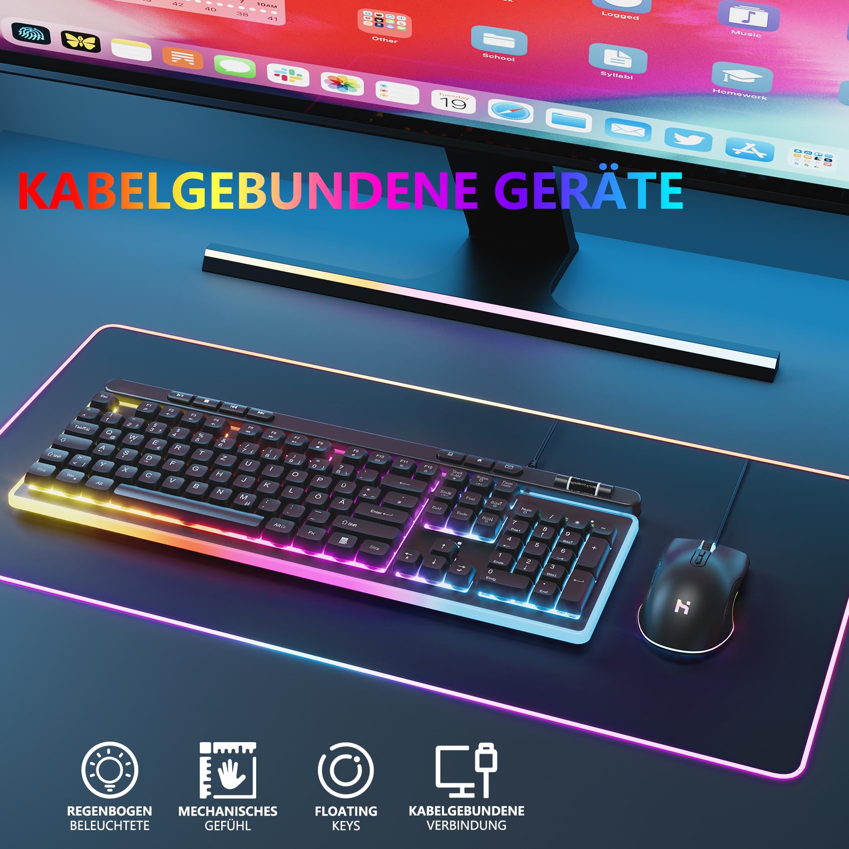 HLONONE Gaming Tastatur und Maus Set, Regenbogen LED Hintergrundbeleuchtung, USB Verkabelt, Ergonomische Tastatur für PC Gamer und Büro, QWERTZ DE Layout -Schwarz