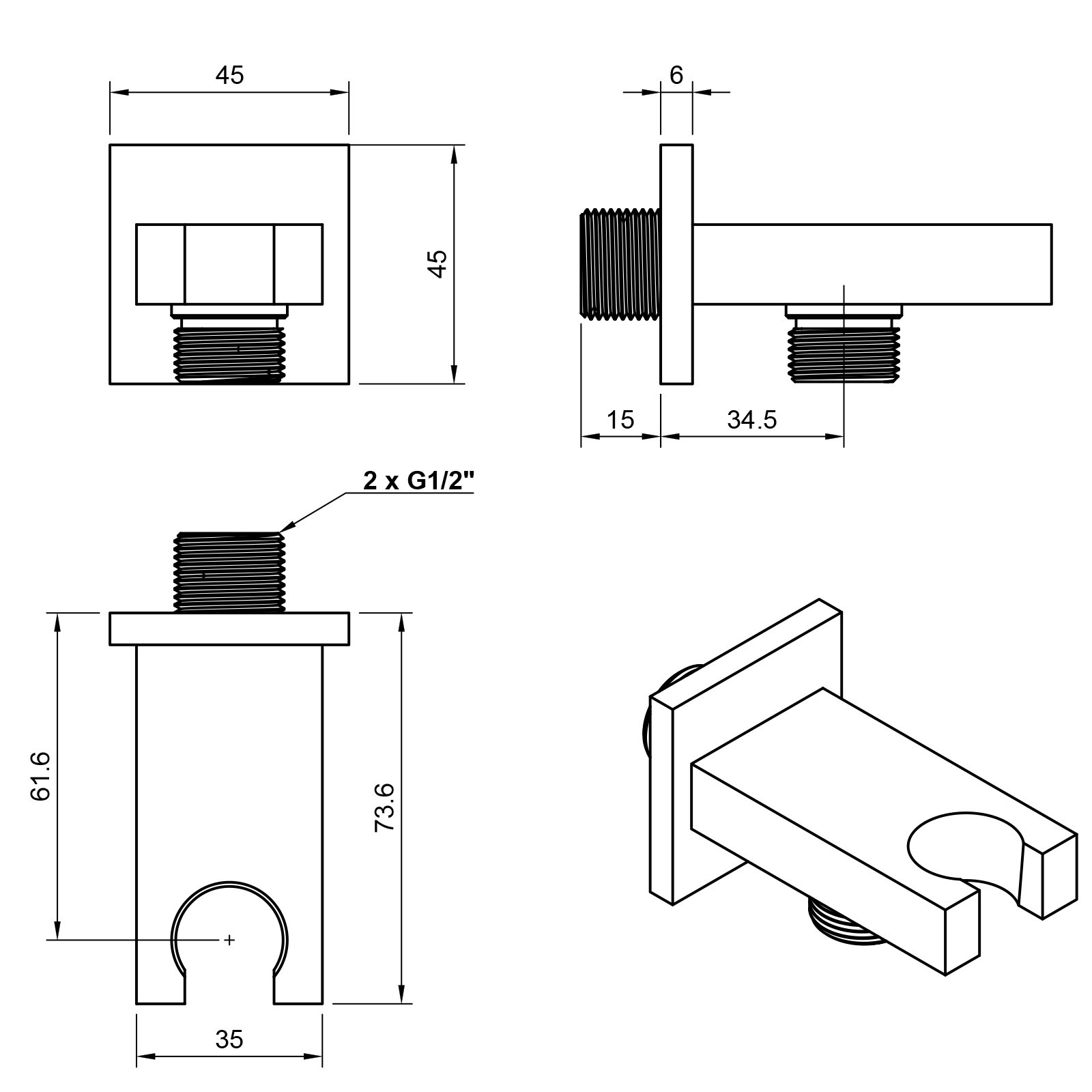 Conector de pared con soporte de ducha en latón cuadrado, acabado cromado, rosca exterior de 1/2 pulgada, diseño plano, para baño