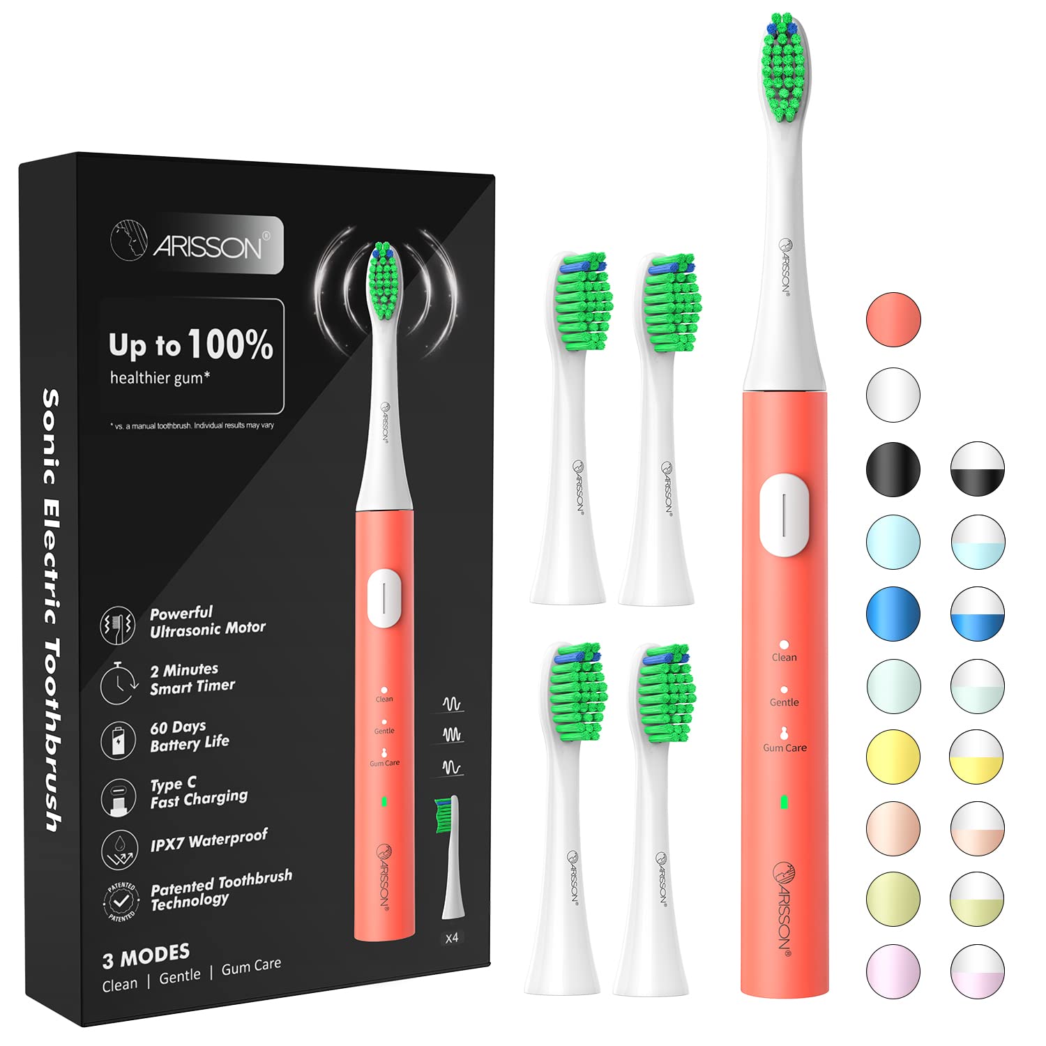 ARISSON Sonic Electric Toothbrush for Adults and Kids, 40,000 VPM Power Toothbrush, 1.5H Fast Charge Ultrasonic Electric Toothbrushes with 2 Minutes Smart Timer, White on Peach Orange