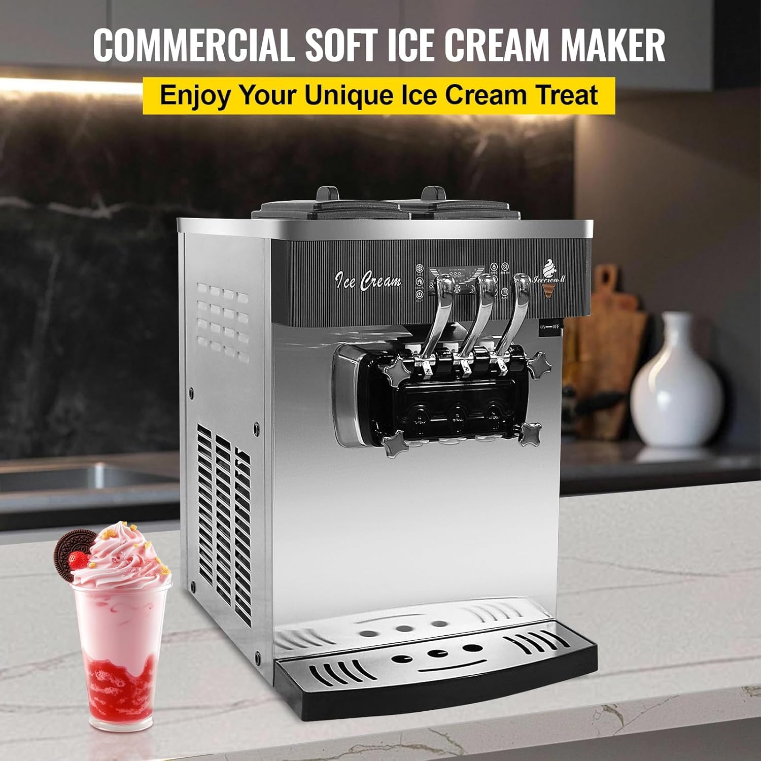 1200W Máquina de Helados Soft Heladera Maquina Helados Soft Comercial Maquina Helados 18L/5Gal 3 Sabores para Cafeterías,Buffets,Tiendas de Bebidas,Restaurantes (9230T)