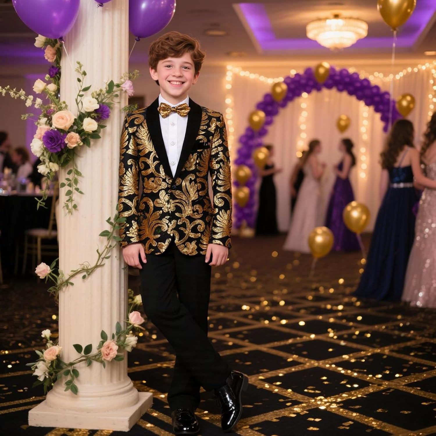 Lamgool Boys Tuxedo Suit Slim Fit Formal Set 2 Pieces with Floral Jacquard Sequin Blazer Black Pants for Kids Prom Wedding - Image 2