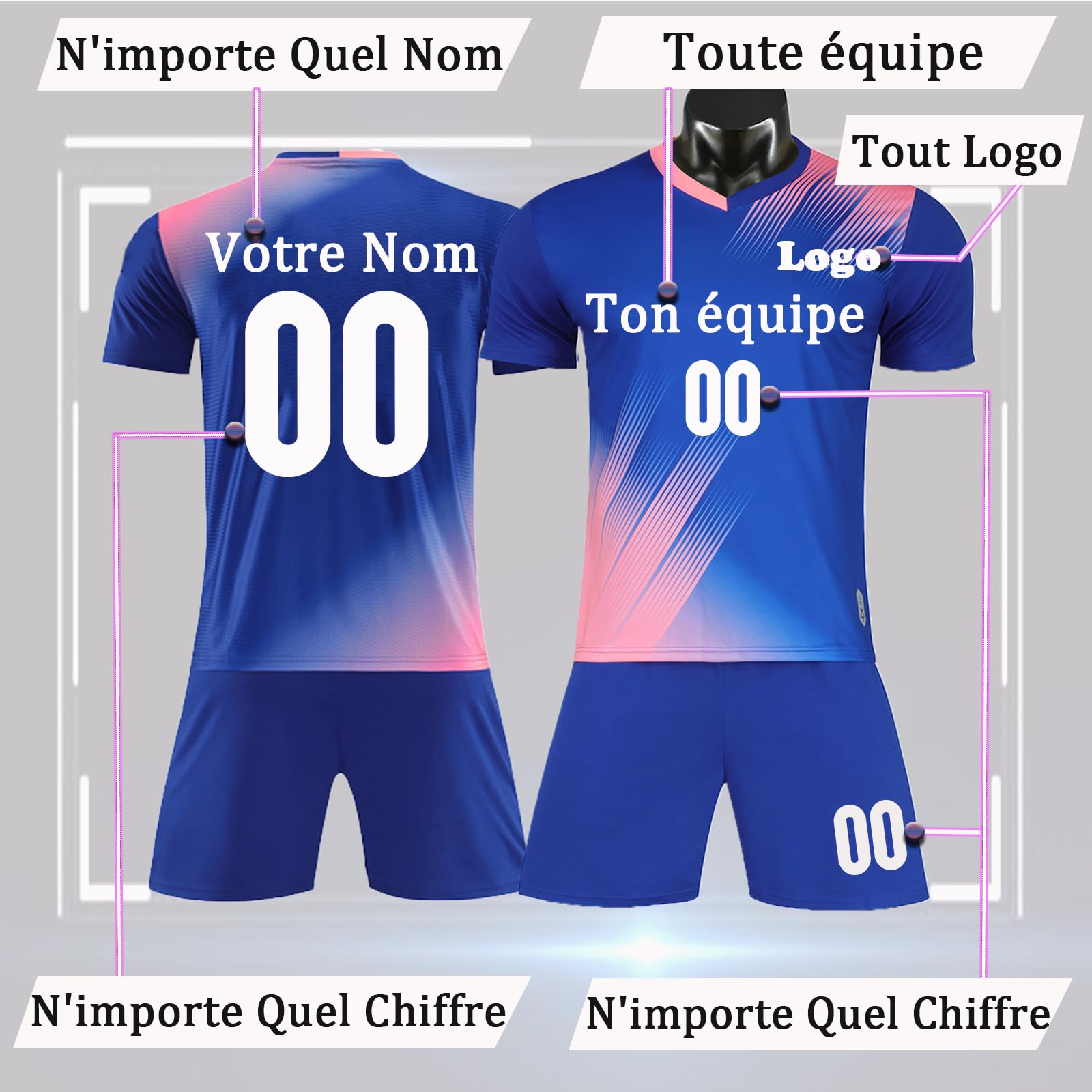 Ensemble Foot Enfant Personnalisé Maillot Football n'importe Quel Nom Numéro Logo Maillot Equipe de France Football Enfant Garçon Maillot de Foot