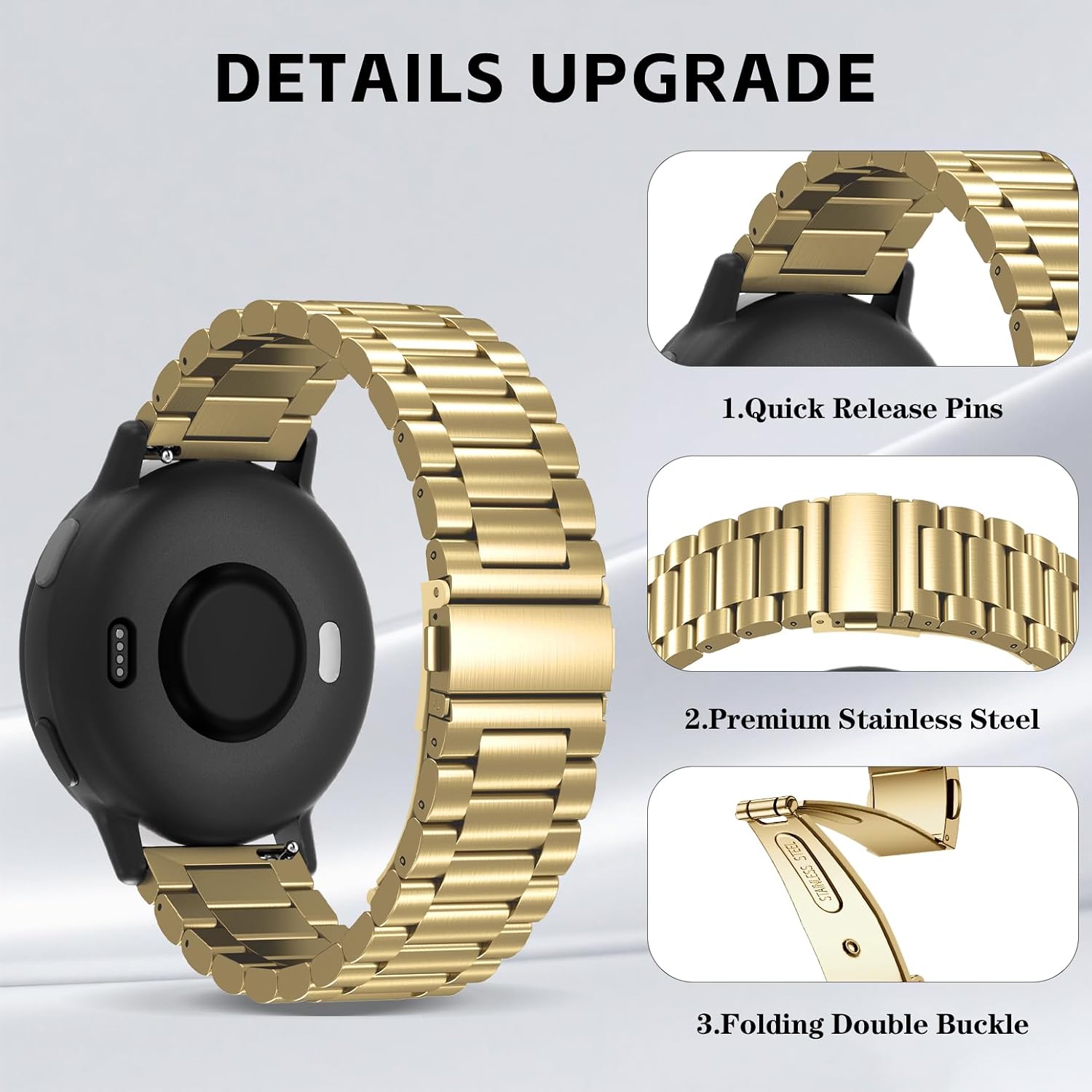 Compatible with Garmin Forerunner 165 Band/Forerunner 55/245/645/570-42mm, 20mm Quick Release Stainless Steel Metal Strap Replacement Wristband for Vivoactive 6/5/3/3 Music/Venu Sq 2 image 2