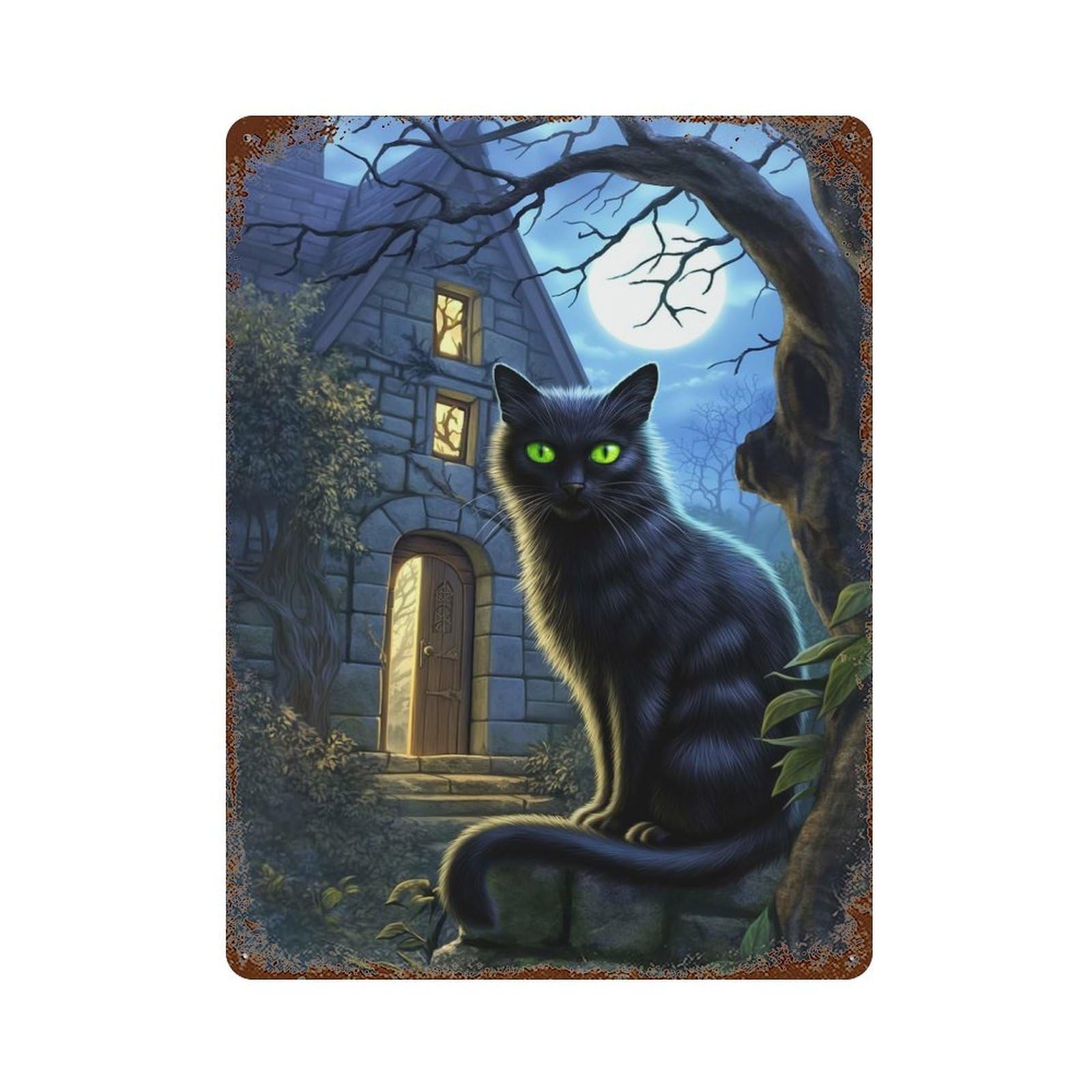 The Cat Haunting Gaze 15.7"x11.8" Vintage Rust Metal Sign, Shabby Chic Decor for Garage, Bar And Workshop Decor
