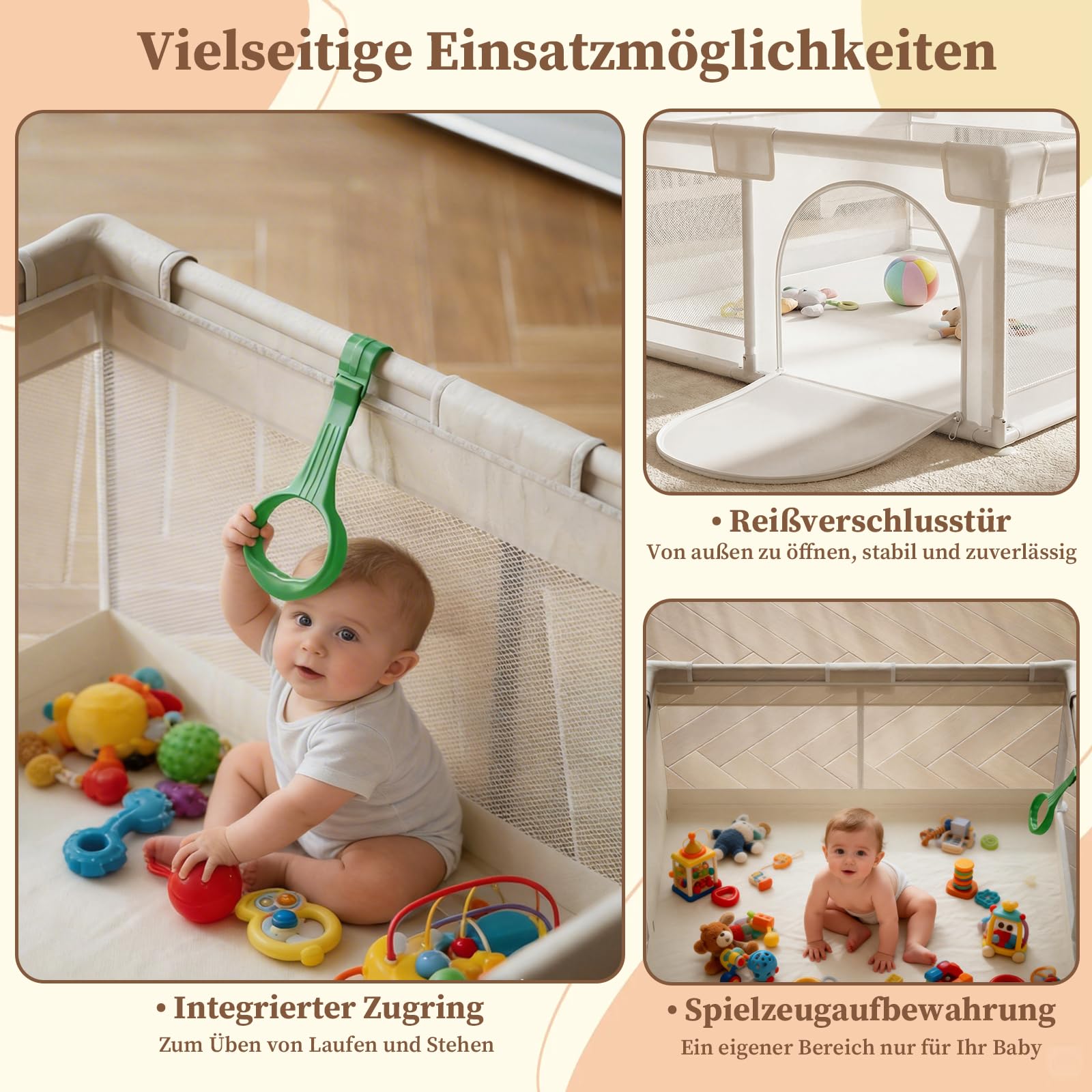 Koonmi Großes Laufstall Baby 150x180 cm Faltbarer Laufgitter mit atmungsaktivem Netz, Stoff & Saugnäpfen – für Babys & Kleinkinder, zusammenklappbarer Spielkäfig für Innen und Außen – Beige