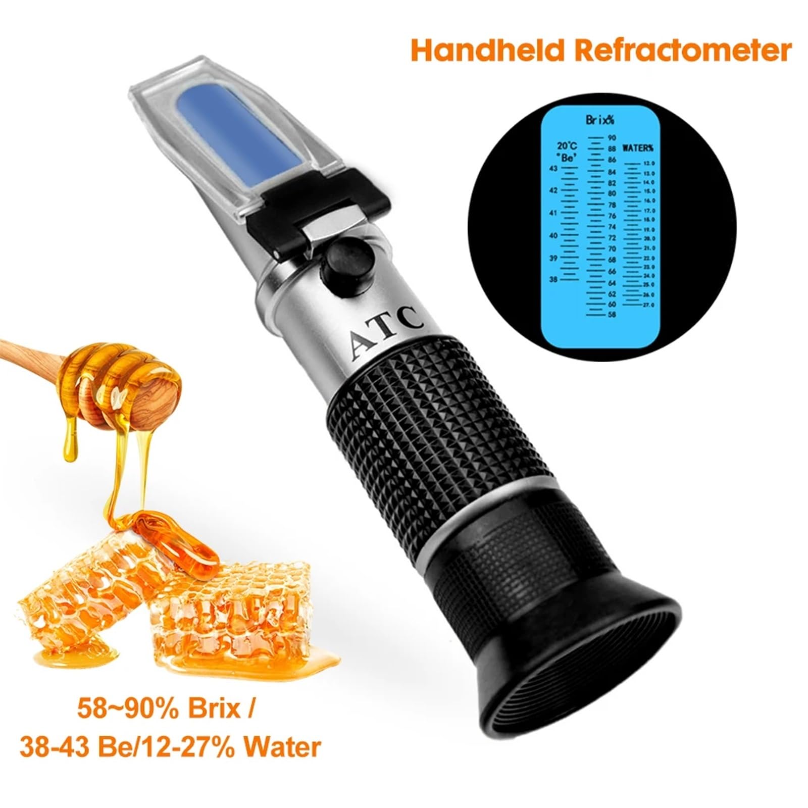 Refraktometer, 3-in-1 Handheld-Honig-Refraktometer, Feuchtigkeit, Baume Brix Skala, Bereich 58–90 % Zuckerbrechungstester
