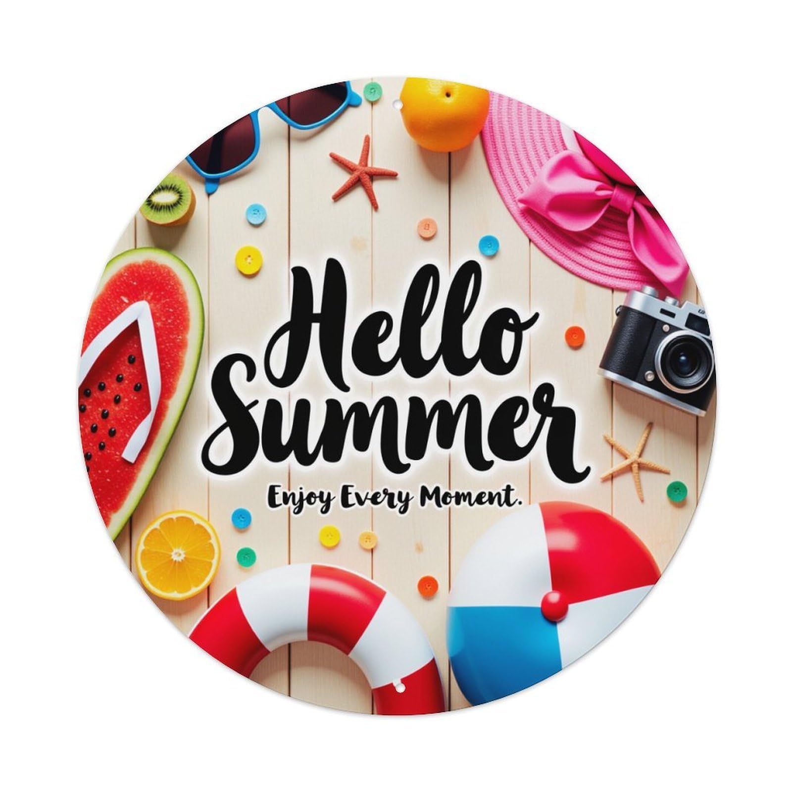 Summer Vibes Beach Fun Sunlight Joy Round Tin Sign Retro Metal Sign for Cafe Bar Pub Home Game Room Gym Club Wall Decoration Vintage Metal Poster 8x8 Inch