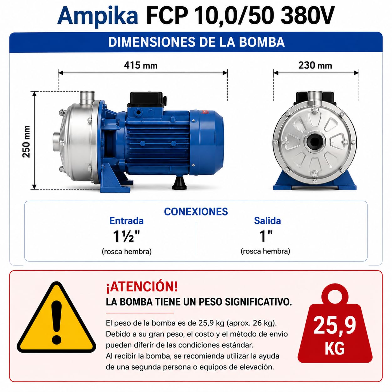 Ampika Bomba Centrífuga Alimentaria FCP 10,0/50 380V | Acero Inox AISI 304