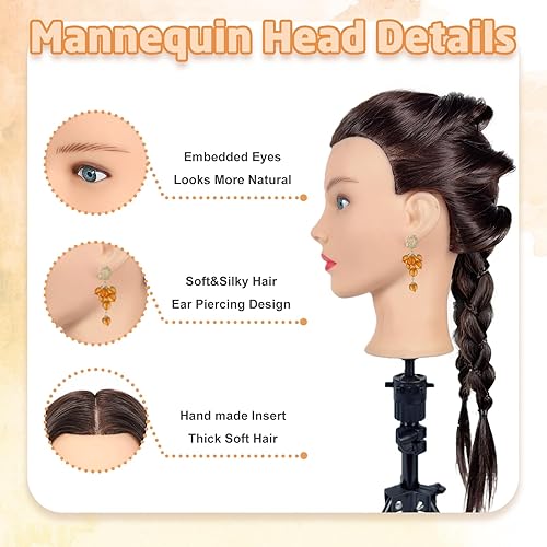 Miniatura 3 de Firstwon Cabeza de maniquí de cabello humano - Cabeza de muñeca de maniquí de cosmetología con 80% cabello real para peluquería, práctica de