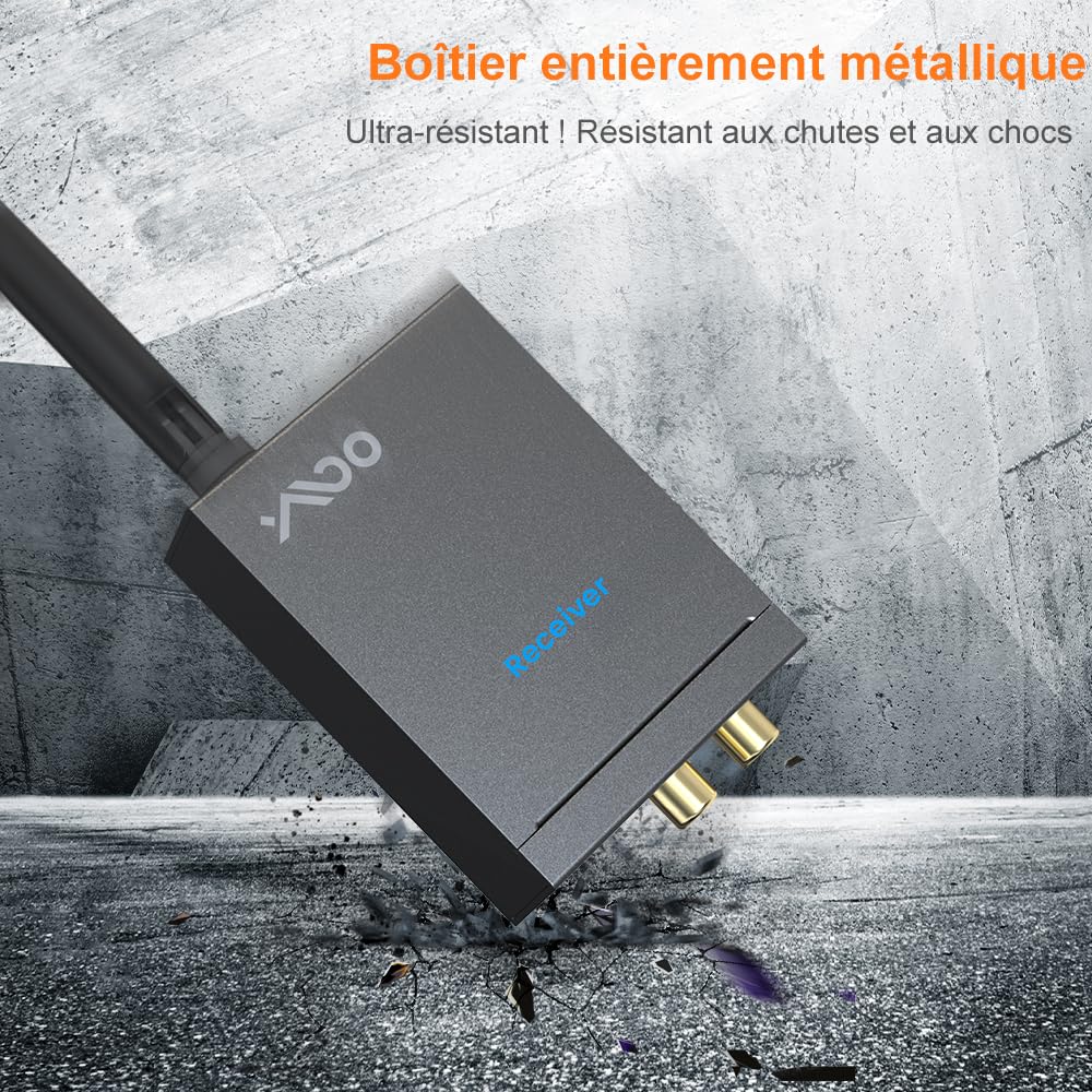 YMOO Wireless émetteur-récepteur de Transmission Audio 2,4 GHz, Adaptateur Audio Jack RCA 3,5 mm, Faible Latence 20ms, stéréo HiFi 48 kHz/24 Bits pour TV/PC vers Caisson de Basses/Haut-Parleur/ampli
