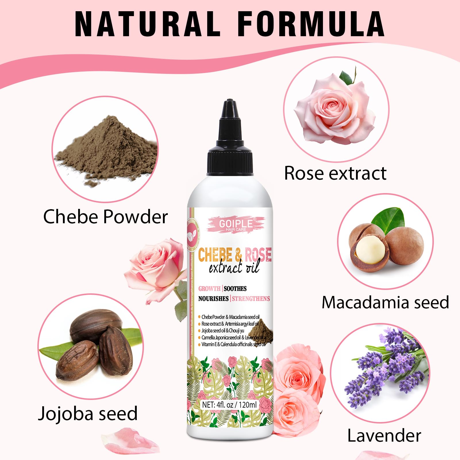 Chebe & Rose Hair Oil for Hair Growth Chebe & Rose Extract Oil Moisturizer for Scalp African Chebe Powder for Hair Growth Stronger Thicker Natural Chebe Hair Growth Oil for All Hair Types 4fl oz - Image 2