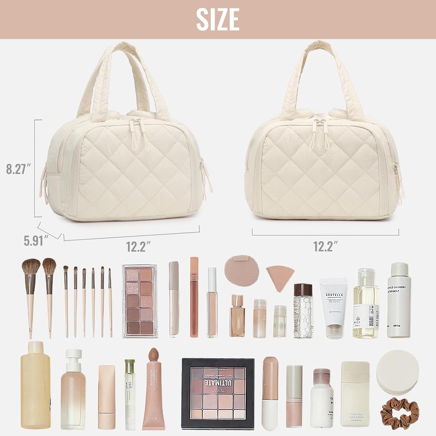 Travel Toiletry Bag, Large Quilted Cosmetic Organizer with Water-Resistant PVC & Mesh Pockets, Makeup Bag for Weekend Trip and Business Travel Essentials (White)