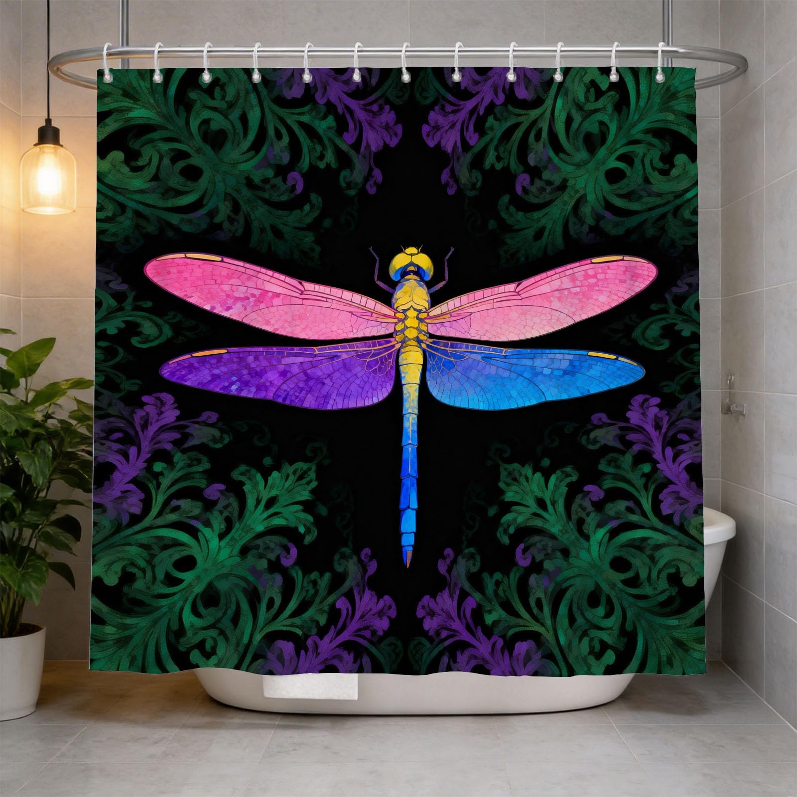 Hongduo White 3D Dragonfly Shower Curtain For Stalls Bathtubs Retro Pattern Bathroom Decor Shower Curtain Set Polyester Fabric Waterproof 180X180cm/71X71 Inch With Hooks