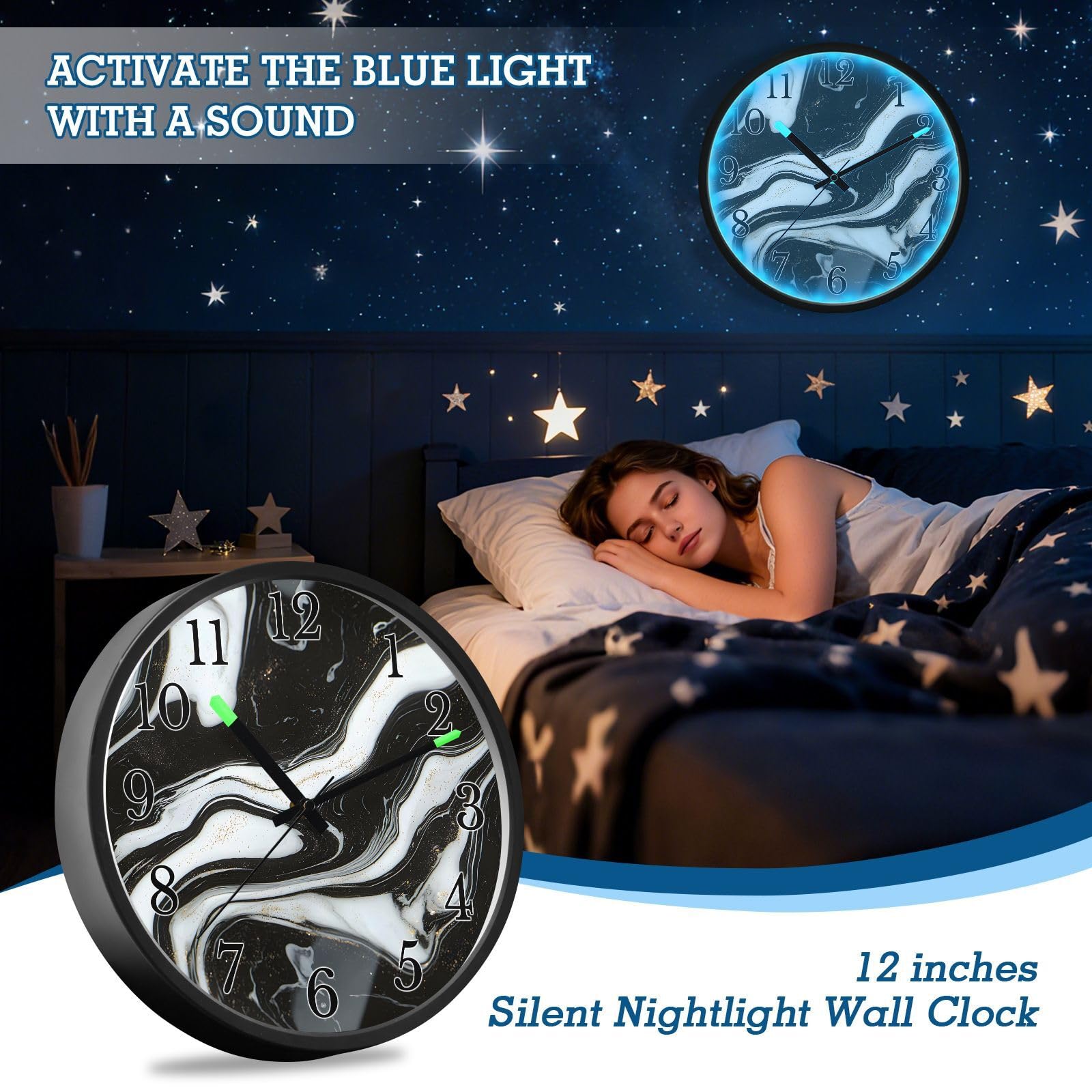 Mnsruu Reloj de pared luminoso de mármol blanco y negro, reloj de pared que brilla en la oscuridad, funciona con pilas, reloj de luz nocturna silencioso sin tictac para dormitorio