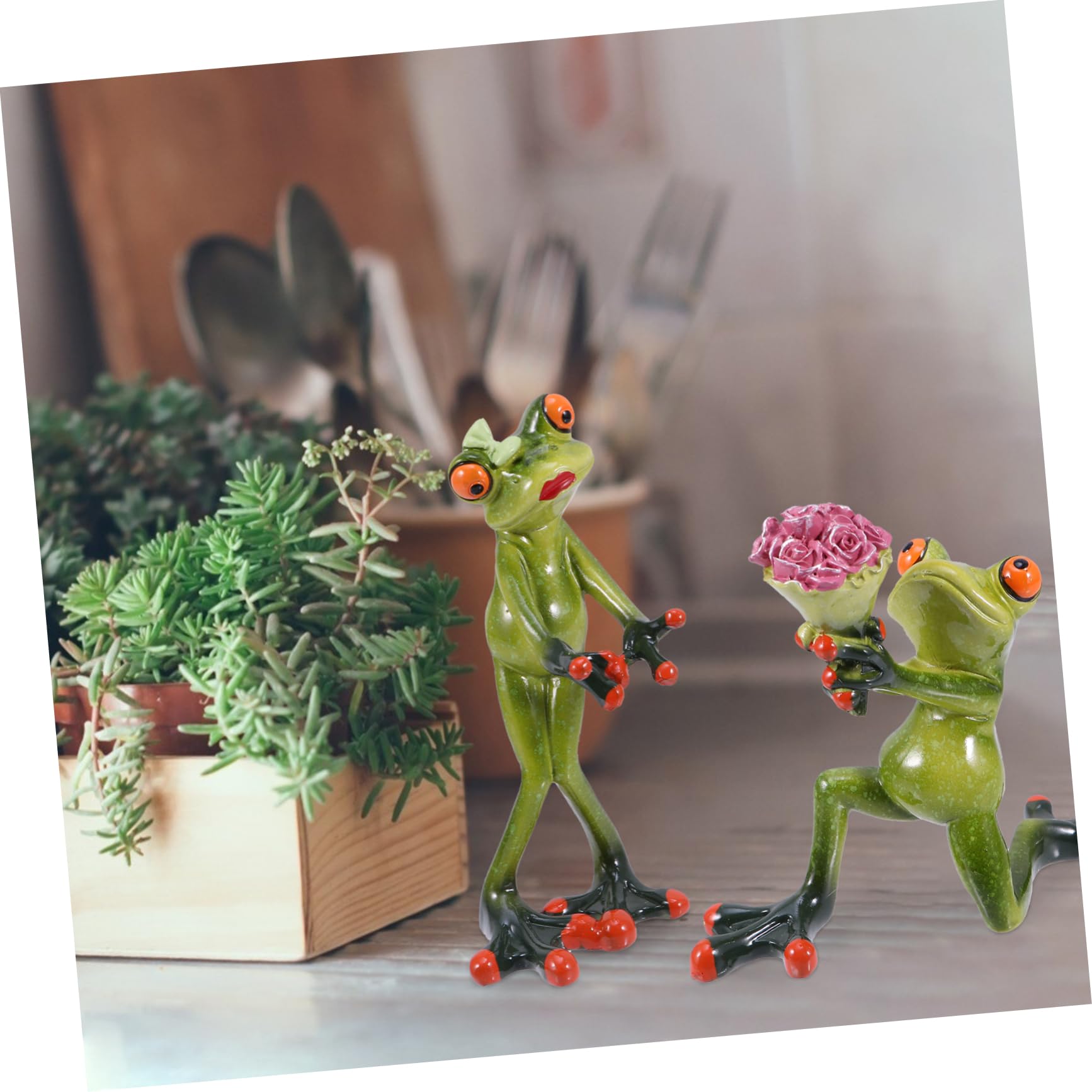 Veemoon Statuetta Rana Coppia in Resina Verde 2 Pezzi per Giardino
