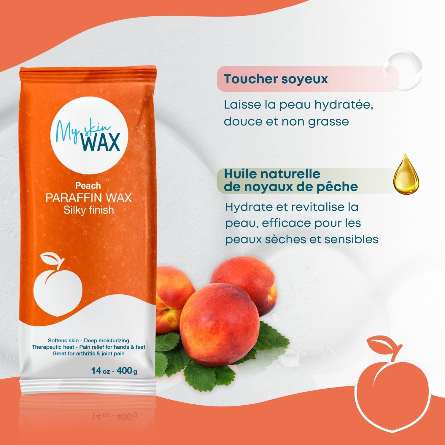 Cire de paraffine Maxi Pack, 6 blocs de 400 g (2,4 kg), parfum pèche, hydratante sans effet gras, idéale pour bains mains et pieds, soulagement arthrite, pédicure