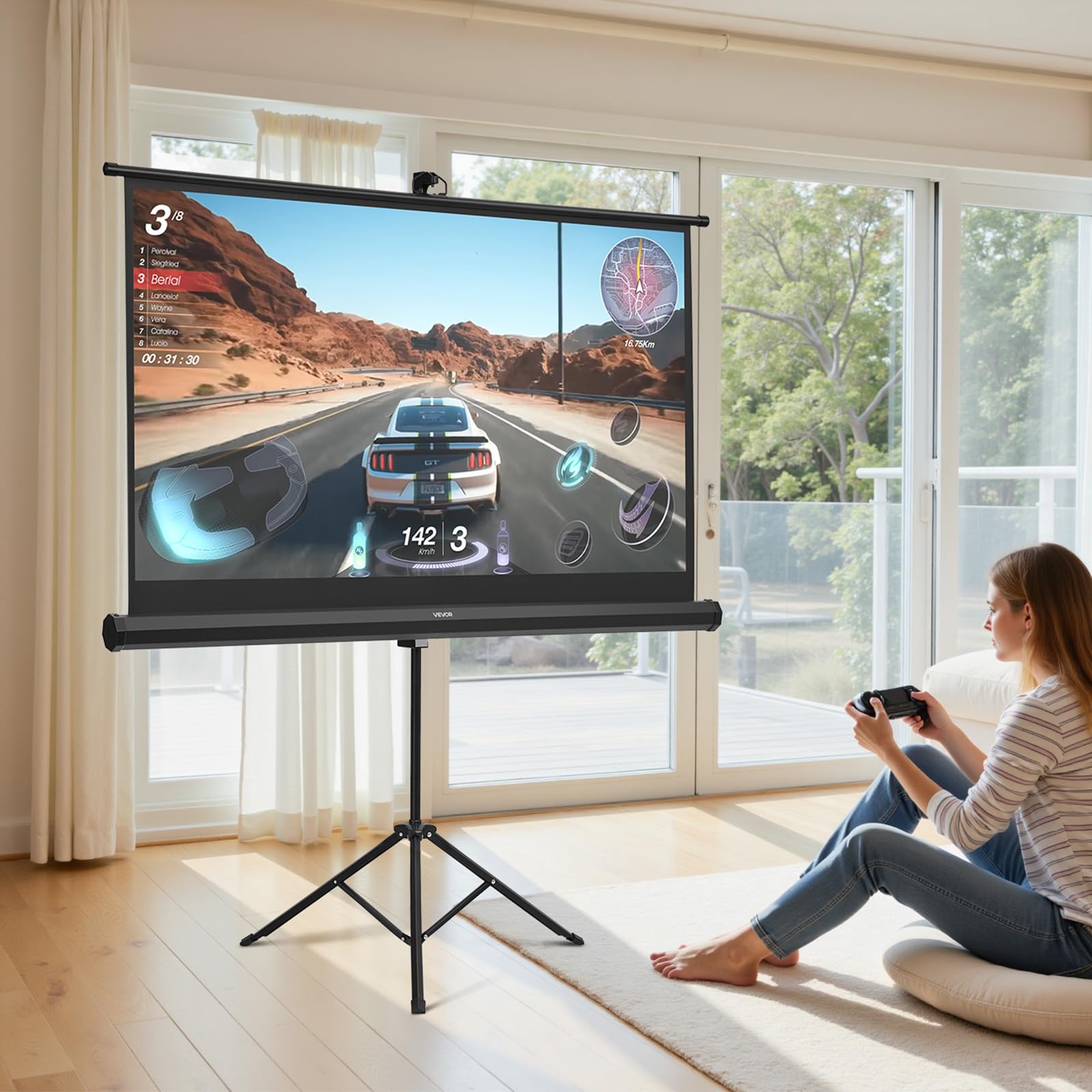 VEVOR Schermo per Proiettore con Supporto, Schermo per Videoproiettore per Interni ed Esterni, 16:9 4K HD Antirughe, Portatile, con Treppiede e Borsa per Trasporto, per Film, Presentazioni in Ufficio
