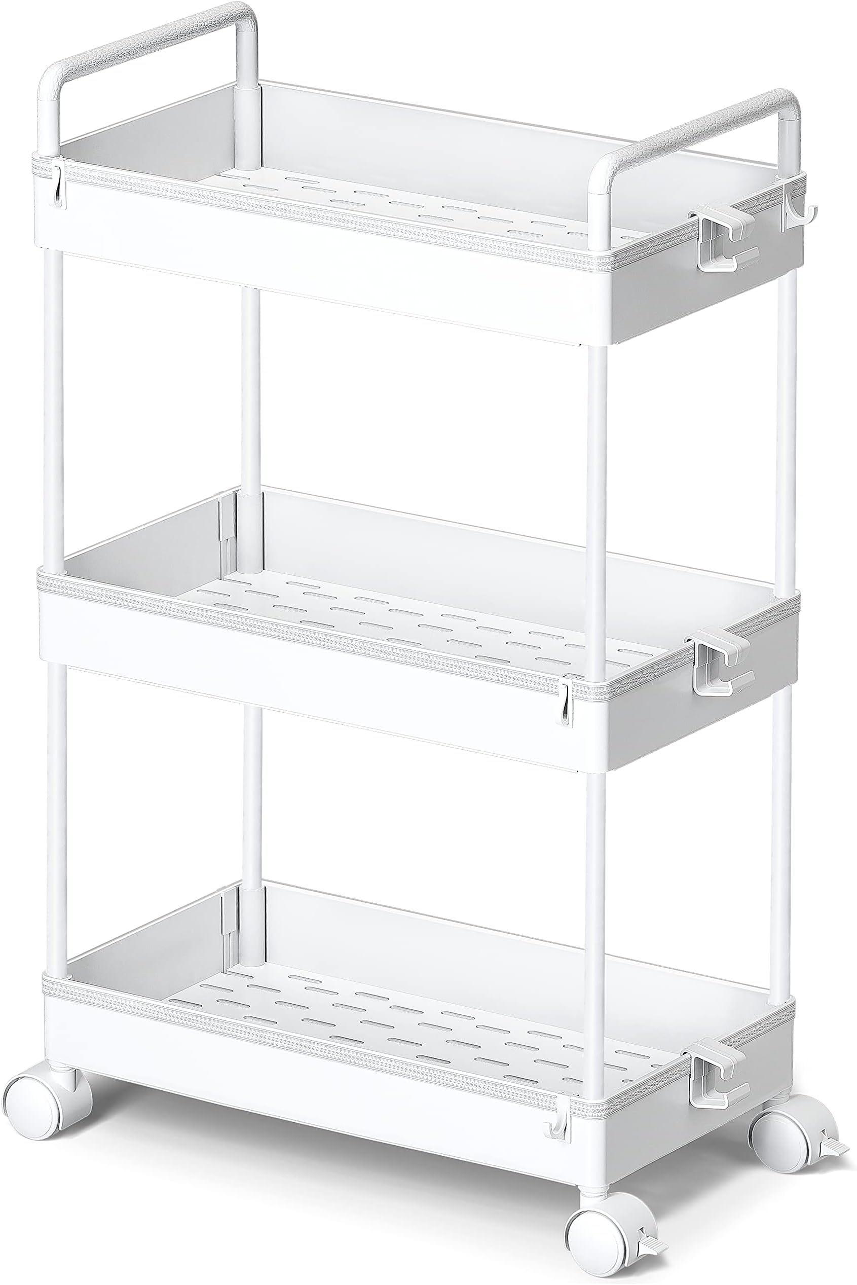 Ronlap 3 Tier Slim Storage Trolley, Mobile Shelving Unit with Handle Hook Lock Wheels, Slide Out Storage Tower for Kitchen Bathroom Laundry Room, White