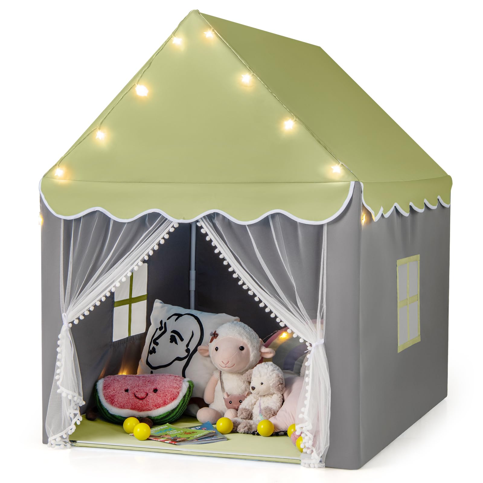 COSTWAY Kids Play Tent, Large Playhouse with Washable Mat and Star Lights, Indoor Outdoor Castle Fairy Tents for Girls Boys (Green with Yellow Lights)
