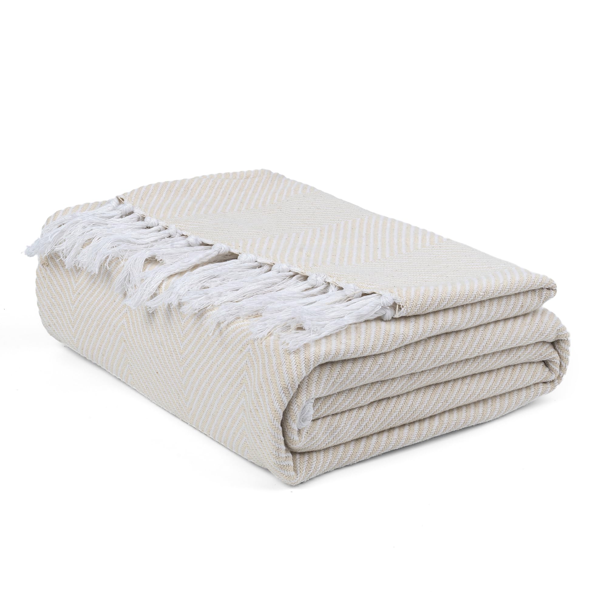 Ehc Natural Herringbone Twill Throw, Handwoven Cotton Throws For Sofas Bed Sofa Settee Couch Reversible Bed Cover Over Blanket, Single 127 X 152Cm, Ivory