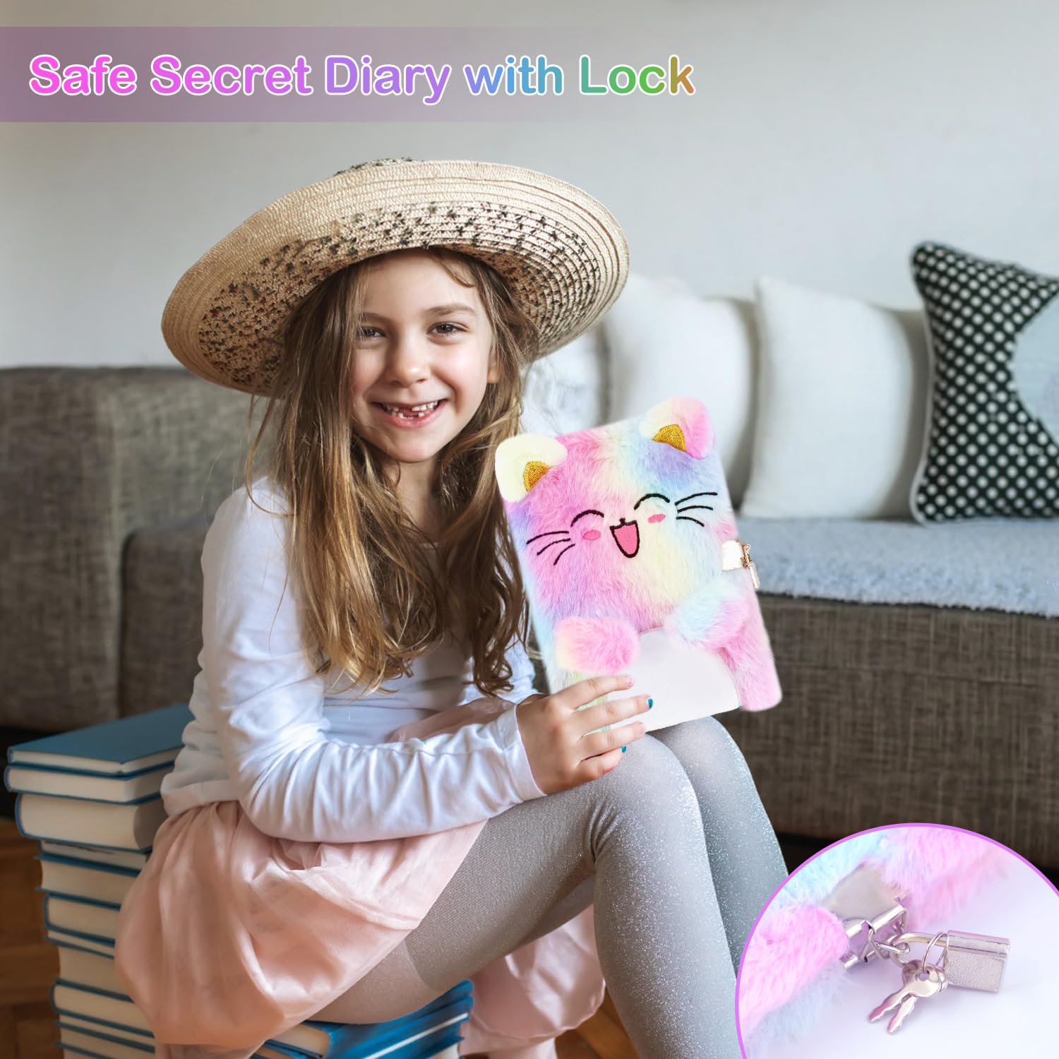 Cat Diary with Lock, Gift for 6 7 8 Year Old Girl, Secret Diary Journal Notebook with Coin Purse, Multicolored Pen, Post-it Notes, Stickers, Practical Gift for Birthday, Christmas (B Cute Cat)
