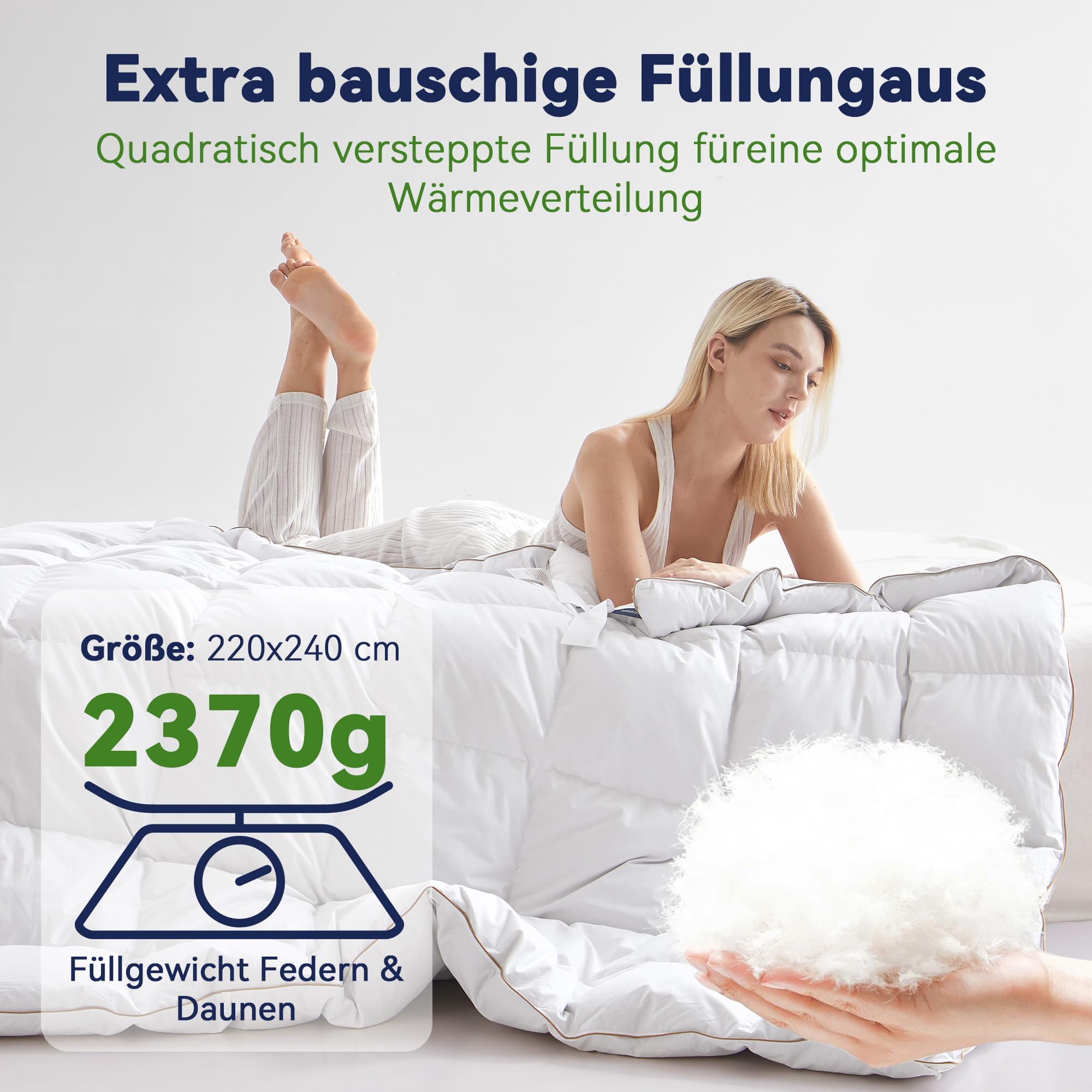 Komfort Bettdecke 220x240 | 100% Weiche Federn & Daunen | Oeko-Tex, RDS Zertifiziert für Tierwohl | Ganzjahres Federbett Daunendecke 240x220cm Bezug aus 100% Baumwolle