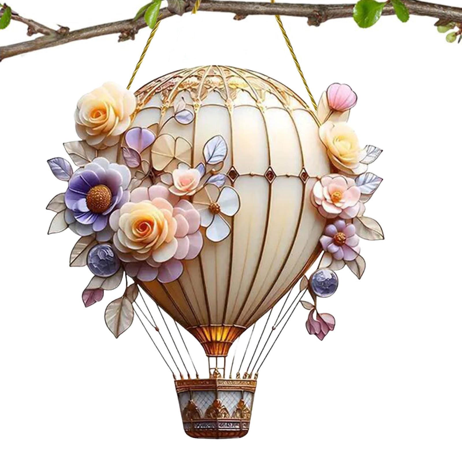 Hot Air Balloon Solar Garden Light, 2D Acrylic Solar Hanging Light with Flickering Flame, Waterproof Outdoor Decorative Lamp for Window Panel Garden Kitchen Living Room Porch Patio (White)