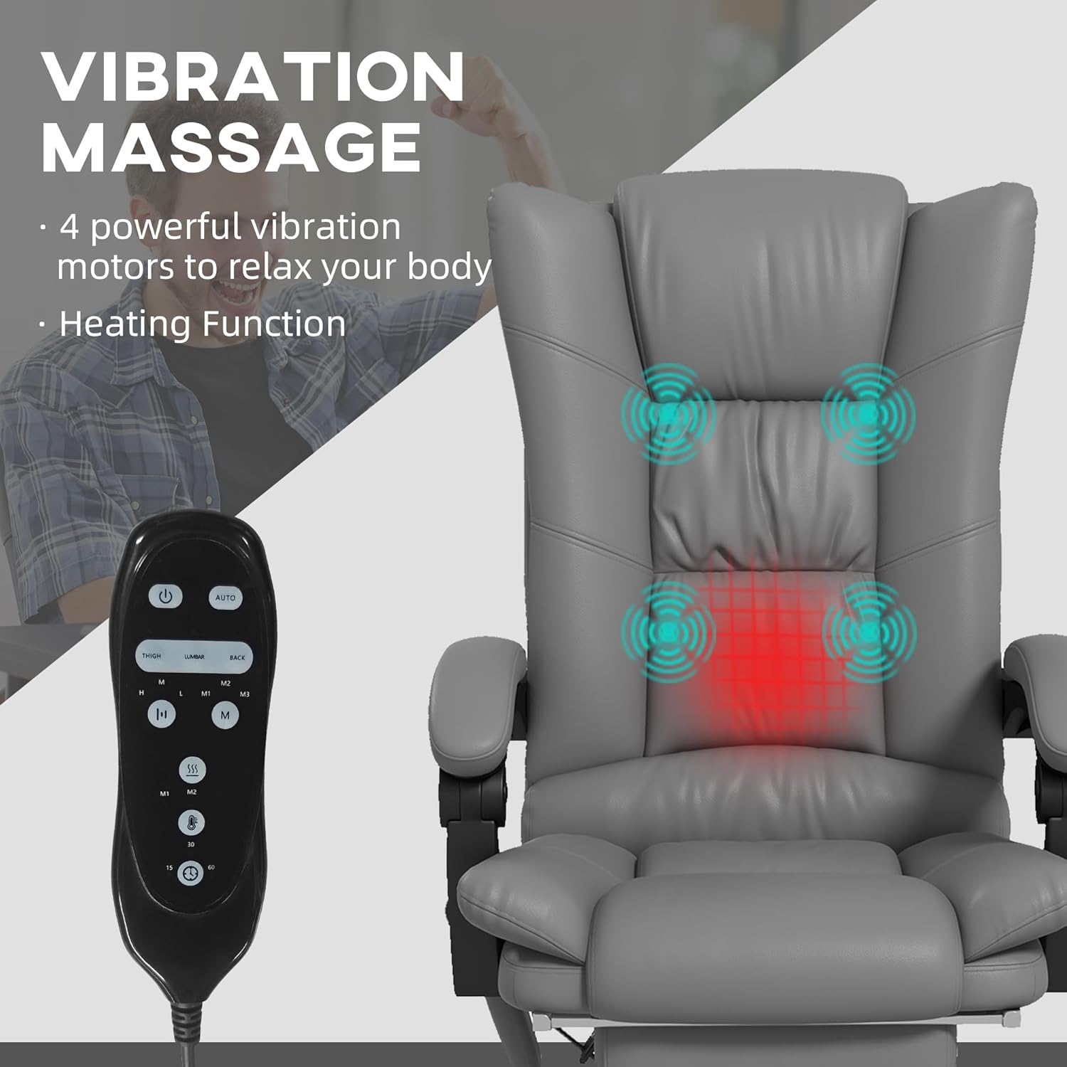 Image showing the vibration massage points and heat function with the remote control