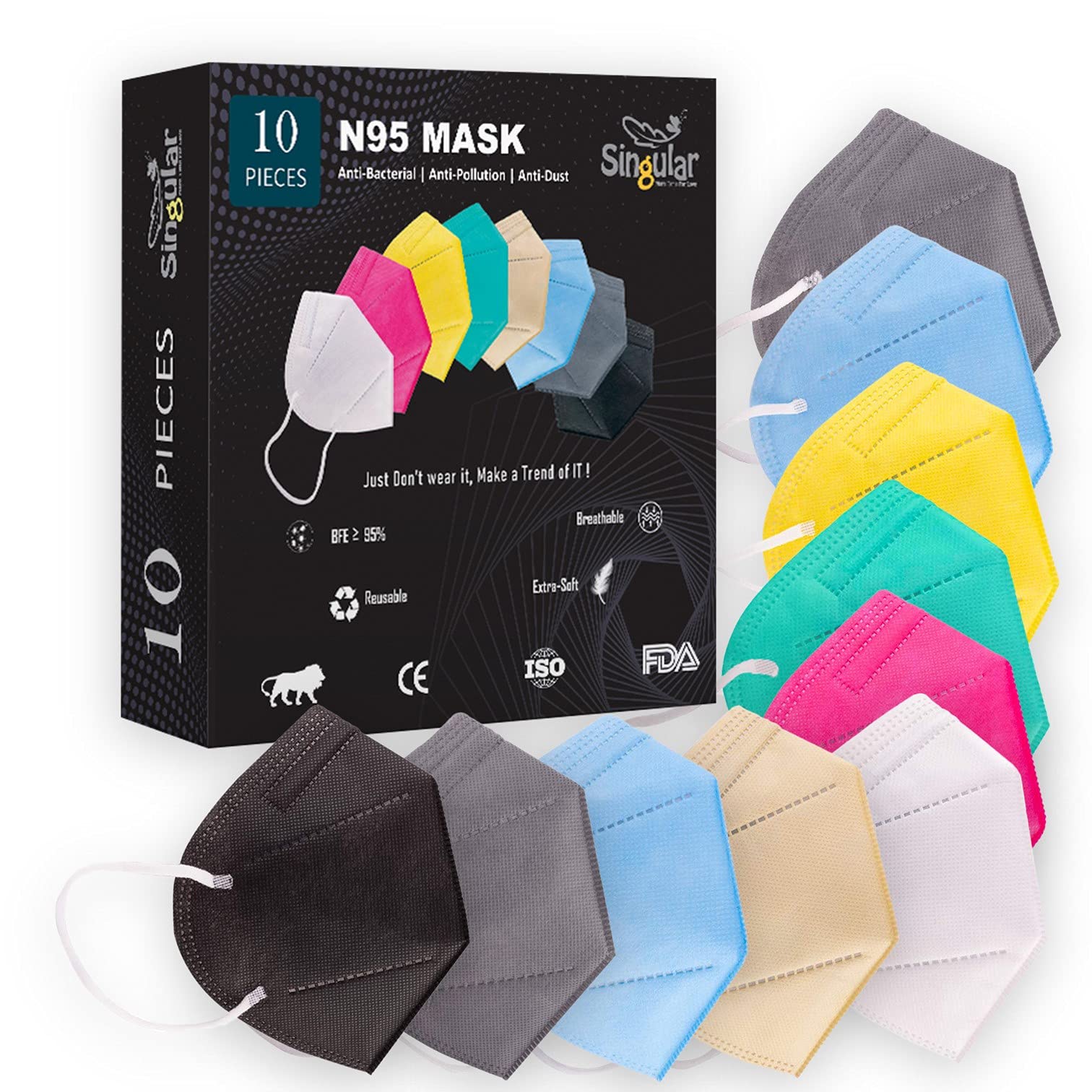 SINGULAR N95 Face Mask for Men and Women Pack of 10 Multicolor | Washable and Reusable N95 Mask for Adult | BSI Certified 99.3% Filtration capacity 5 Layered Protection with Tripple Melt blown Security (B09H2FN78Y) Amazon Price History, Amazon Price Tracker