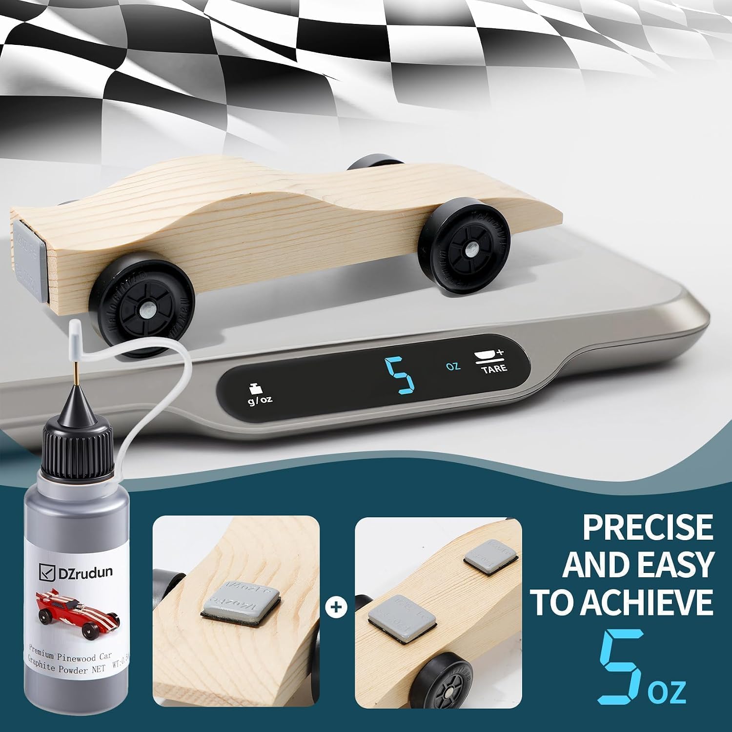 DZrudun Pinewood Car Weights Kit |4oz Lead-Free Derby Car Weights & 0.5oz Graphite Powder | Graphite Lubricant Works on Pine Wheels & Axles|Low-Profile Weights Adjust The COG & Easy Installation