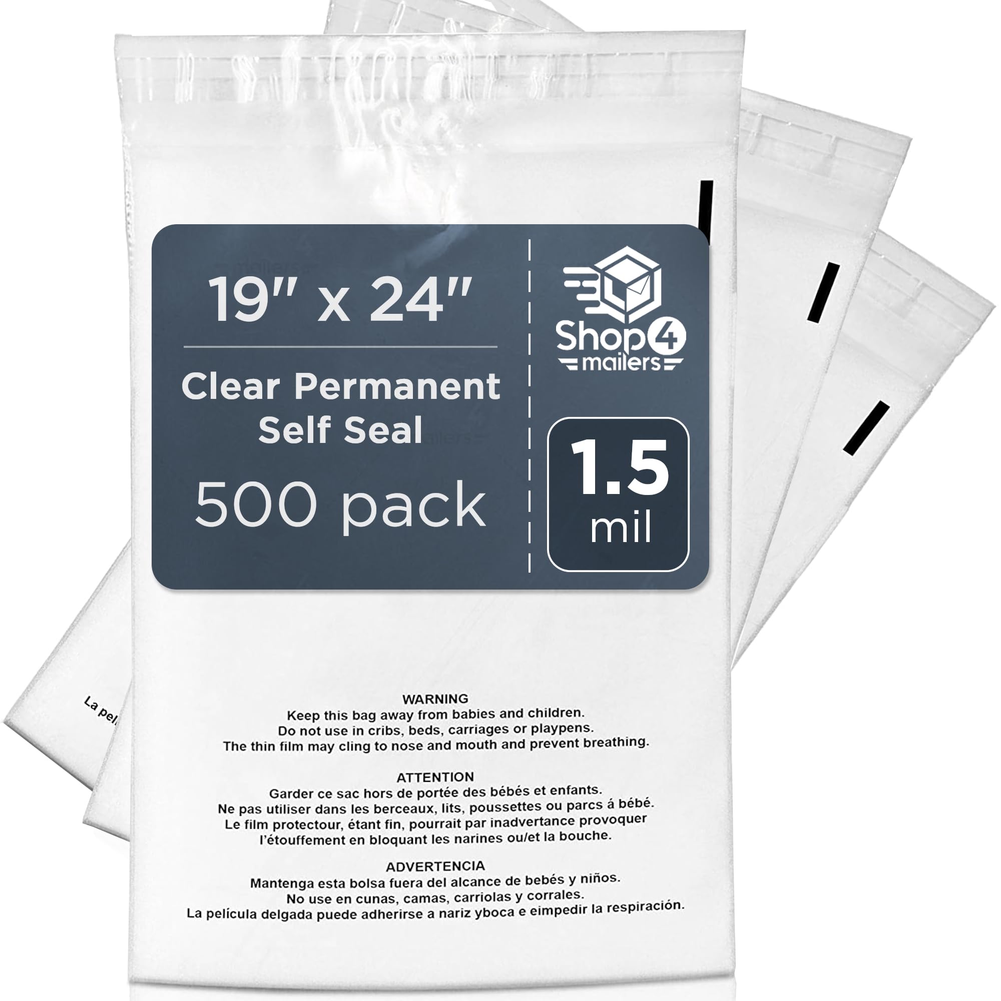 Shop4Mailers 19x24 Clear Poly Bag with Suffocation Warning – Self-Seal Adhesive, 1.5 Mil Clear Bag for FBA, Packaging Bags, Clothes Storage, &