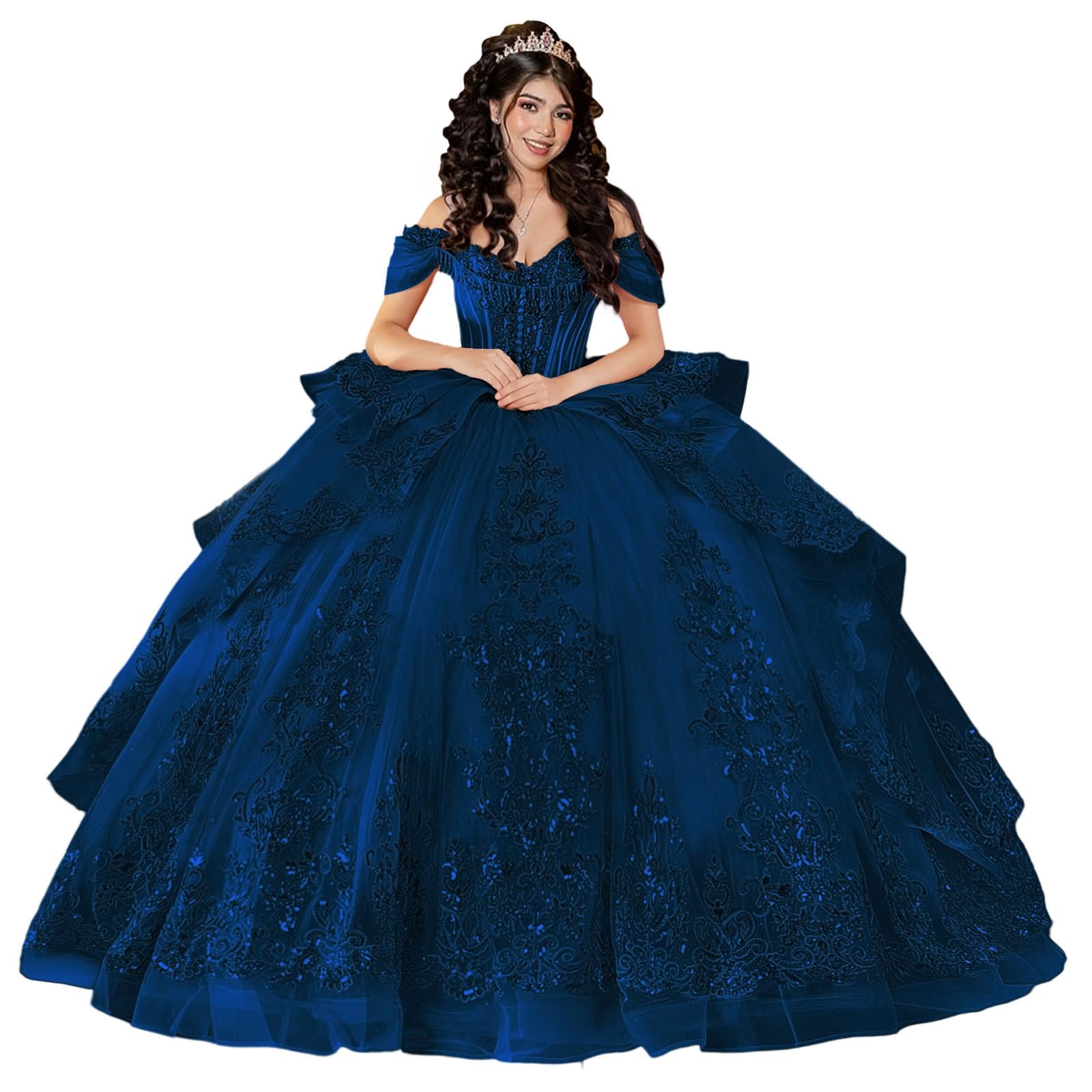 KPDFIF Sparkly Lace Applique Quinceanera Dresses with Tassel Tiered Tulle Sweet 16 Dress Beaded Ball Gown with Train