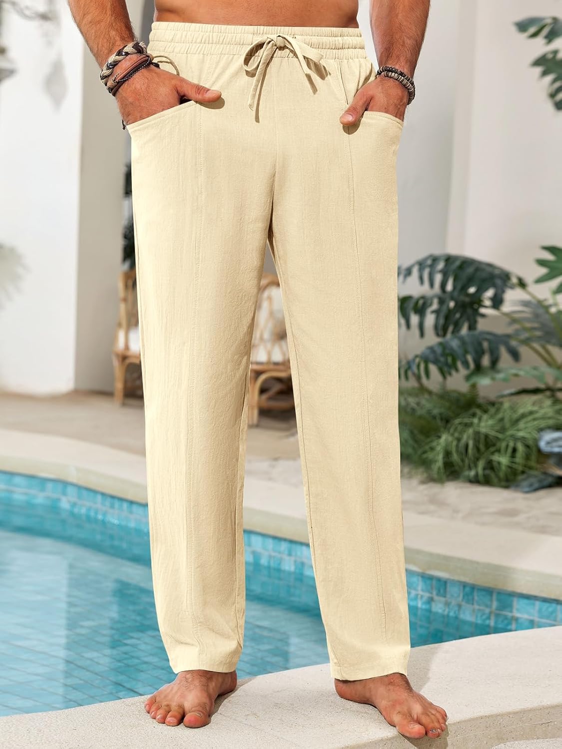 Runcati Mens Casual Pants Elastic Waist Drawstring Cotton Linen Pants Yoga Beach Summer Lightweight Trousers - Image 3