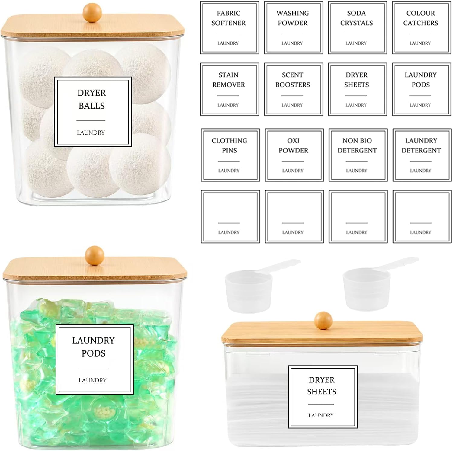 3 Pack Laundry Pods Container, Clear Laundry Detergent Container & Dryer Sheet Holder for Laundry Room Organization and Storage with Bamboo Lids, Labels & Scoops for Scent Booster and Powder