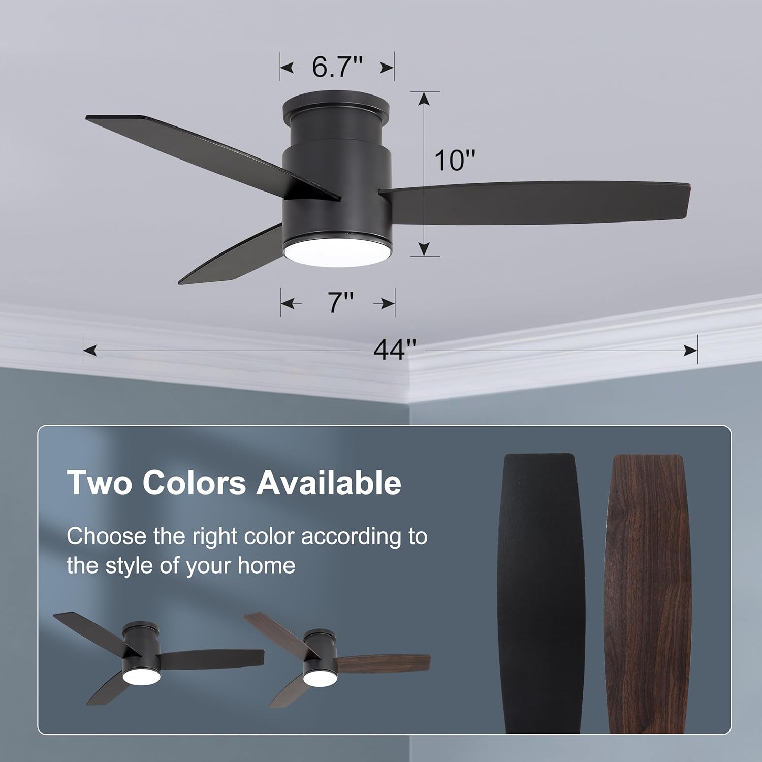 WINGBO 44 Inch Flush Mount DC Ceiling Fan with Lights and Remote, 3 Reversible Blades in Black/Walnut Finish, 6-Speed DC Motor, 3CCT, Low Profile Black Ceiling Fan for Bedroom, Indoor/Outdoor Use