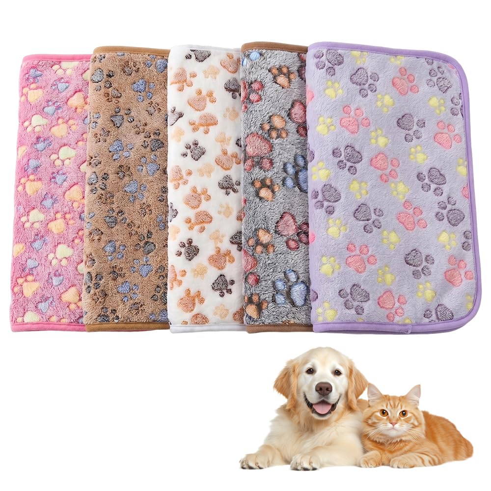 iohsxae Pet Blanket 5 Pack, Soft Fleece Paw Print Throw Blankets for Dogs Cats, Washable Warm Puppy Kitten Bed Cover for Sofa Couch Car Crate Kennel, Cosy Small Medium Pet Mat Home Travel Gift