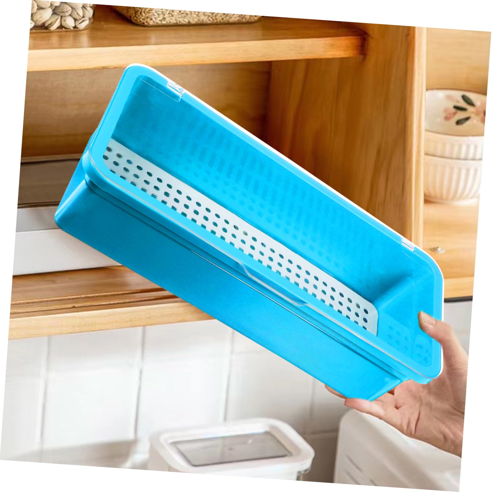 2 Piezas Organizador de Cubiertos con Tapa Bandeja Plástica para Utensilios Caja de Almacenamiento para Cocina de Azul con Drenaje para Secos los Cubiertos