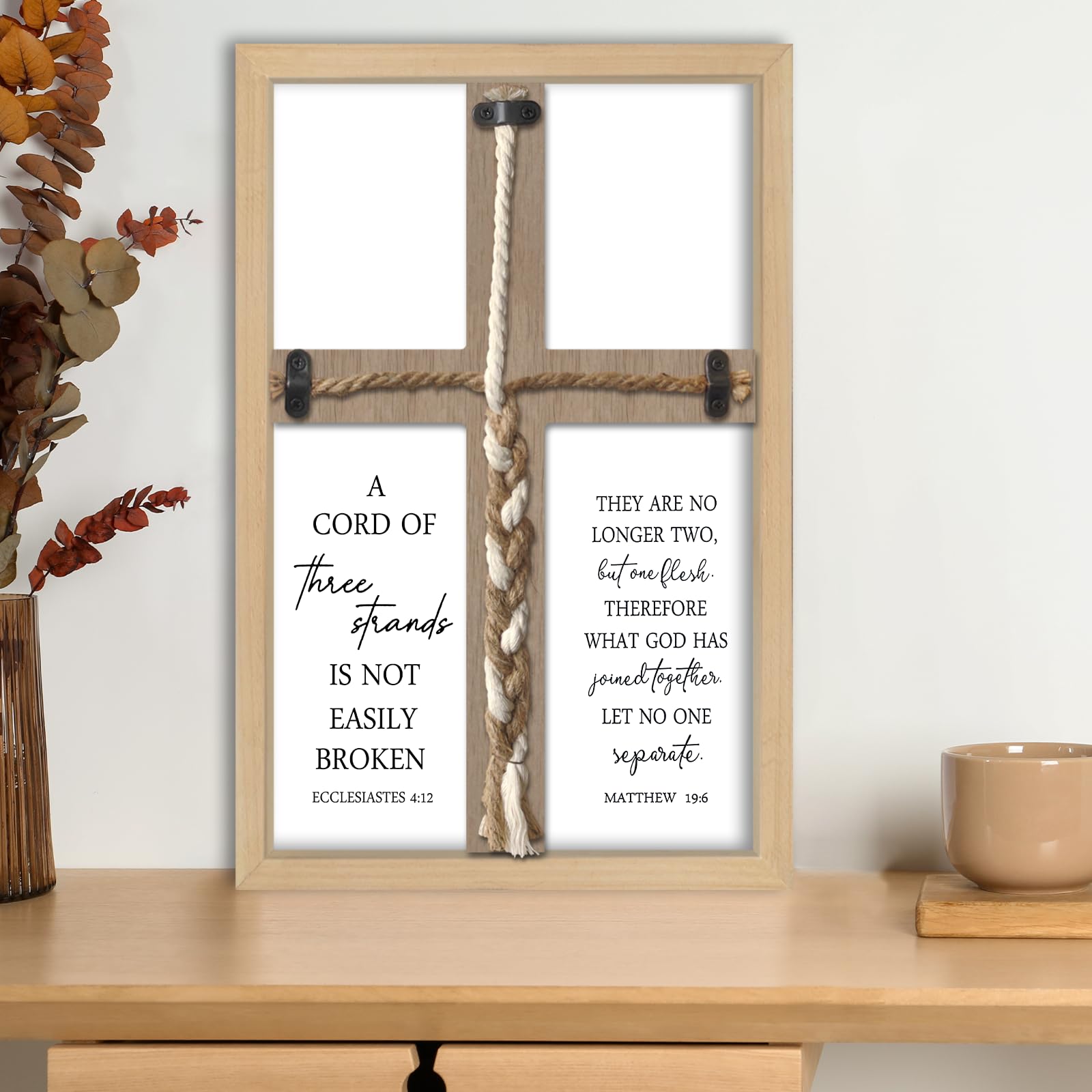 TQianJiang Un cordon de 38,1 x 25,4 cm en bois pour cérémonie de mariage | Panneau rustique avec cadre en bois, ecclésiaste 4:12 et Matthew 19:6, couple de ferme moderne en croix tressée prière