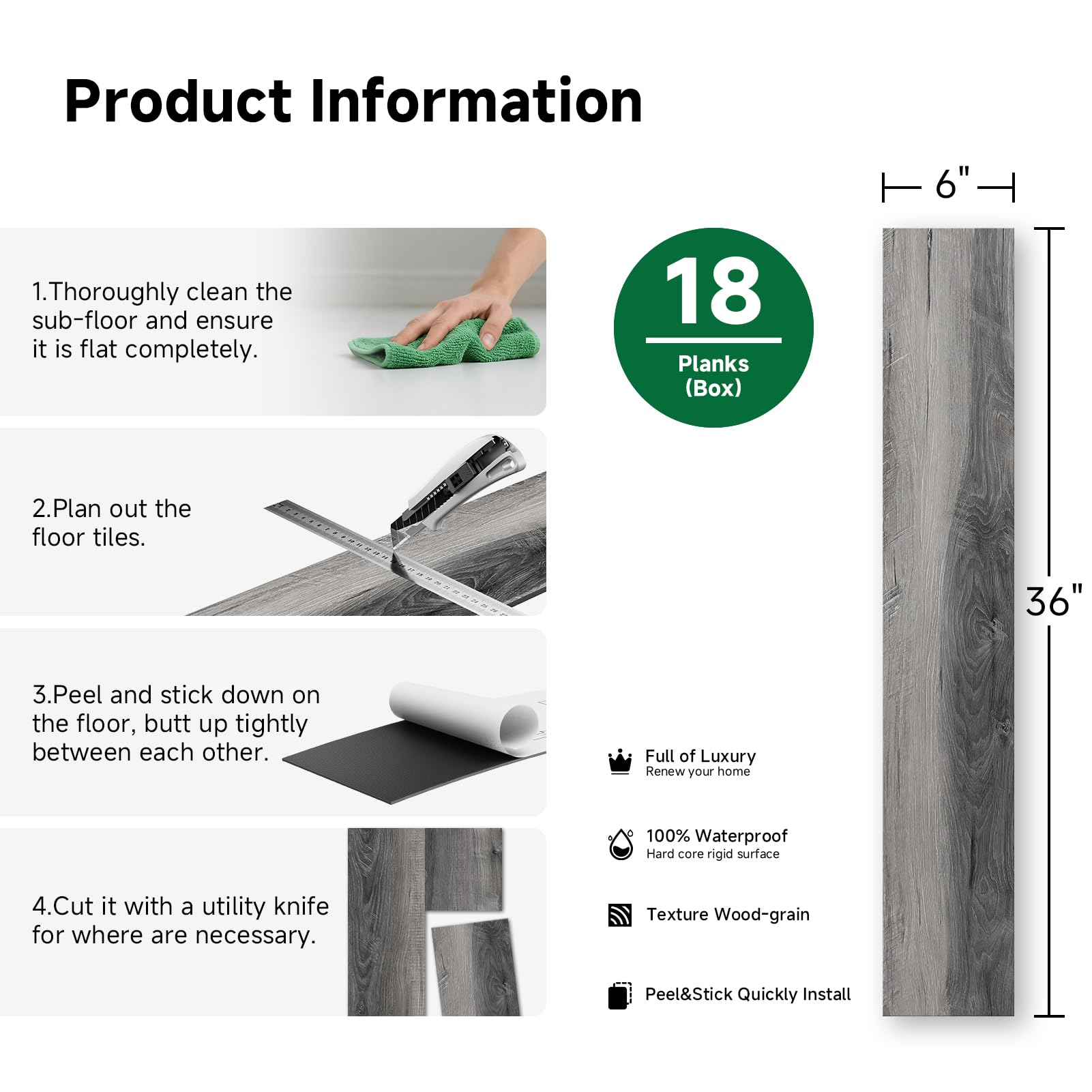 Pavimento laminato autoadesivo effetto legno Pavimento in vinile per cucina, soggiorno, bagno 2,0 mm (2,51 m², Grigios)