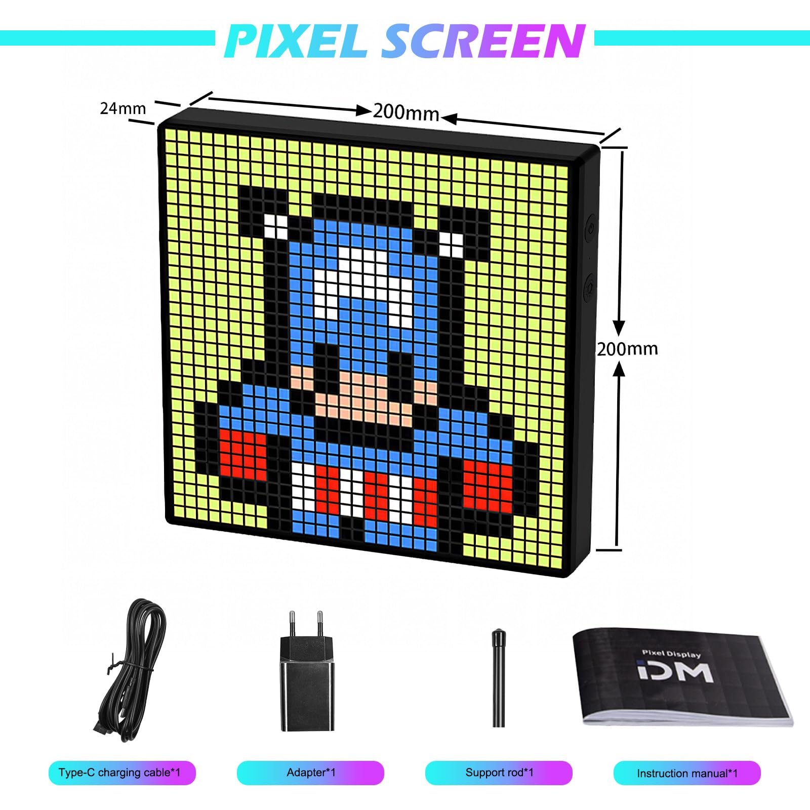Cornice per foto digitale a LED Pixel Art, 32 x 32 RGB, pannello di visualizzazione programmabile, Bluetooth portatile intelligente e controllo tramite app, cartello LED per sveglia