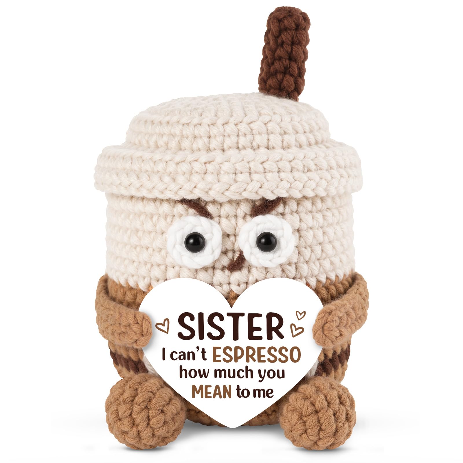 Leebbsin Sister Birthday Gifts- Handcrafted Cute Crochet Coffee Mug- I Can't Espresso How Much You Mean to Me- Sister Gifts for Birthday Graduation, Big Sister's Presents