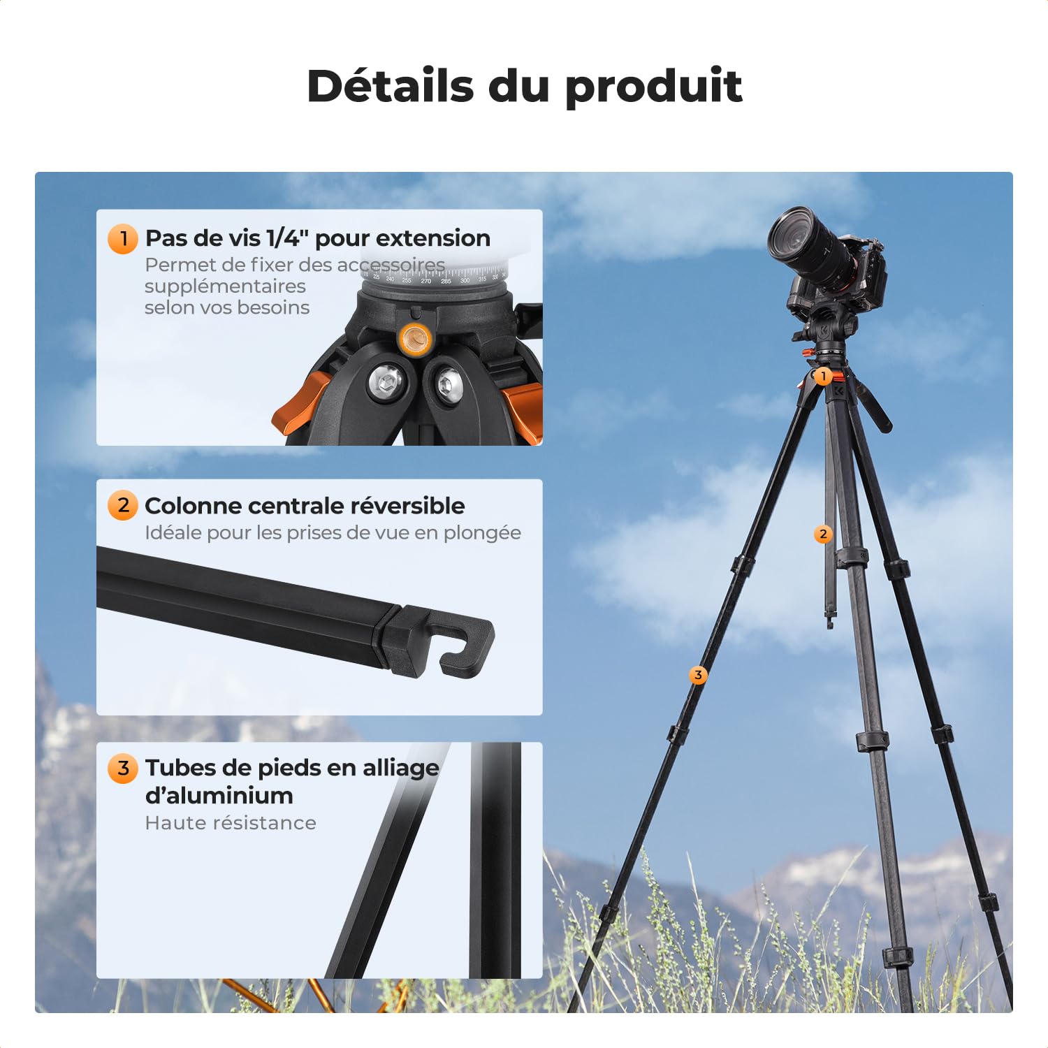 K&F Concept Trépied Aluminium 186cm avec Tête Fluide | Portable léger, pour DSLR/hybride/caméscope/streaming/vlog, charge 3kg, Air - A305A3+FH-04