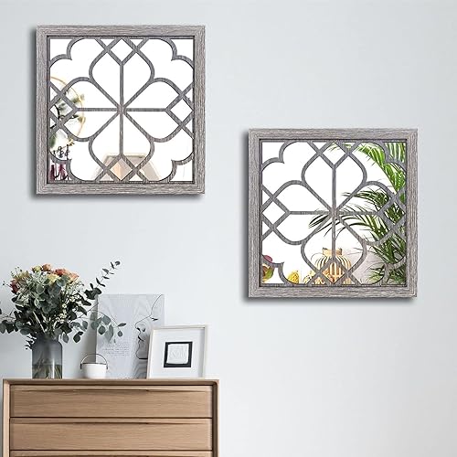 Miniatura 4 de Wocred 2 espejos de pared cuadrados, magnífico espejo rústico de decoración de granja, espejo de entrada de color madera de granero para renovación