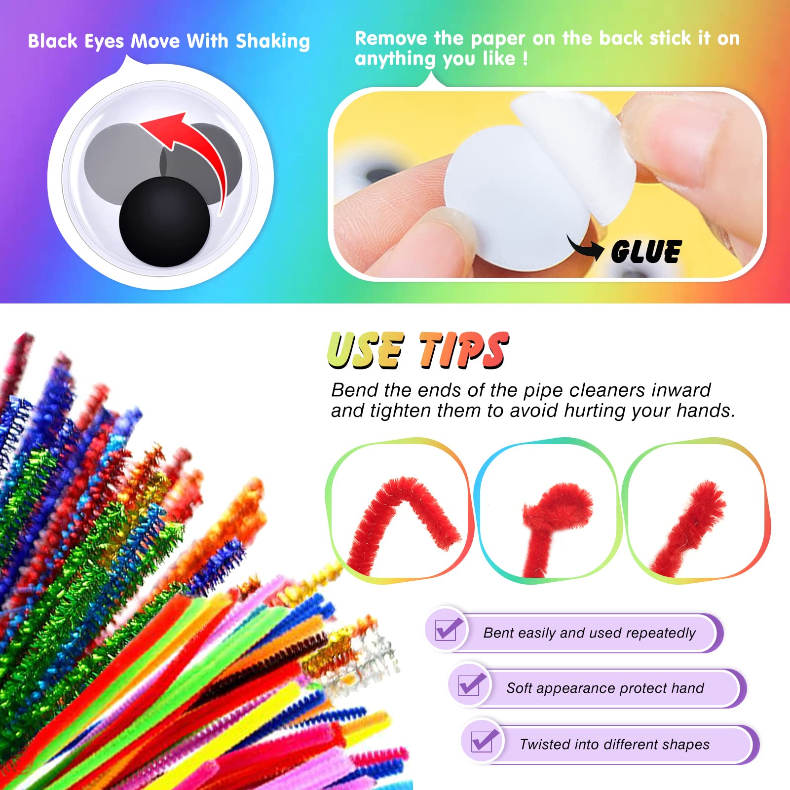 Kit Créatif Chenilles & Yeux Mobiles TOAOB | 100 Cure-pipes + 100 Yeux Autocollants | Couleurs Vert Thème | Loisirs Manuels Pour Enfants
