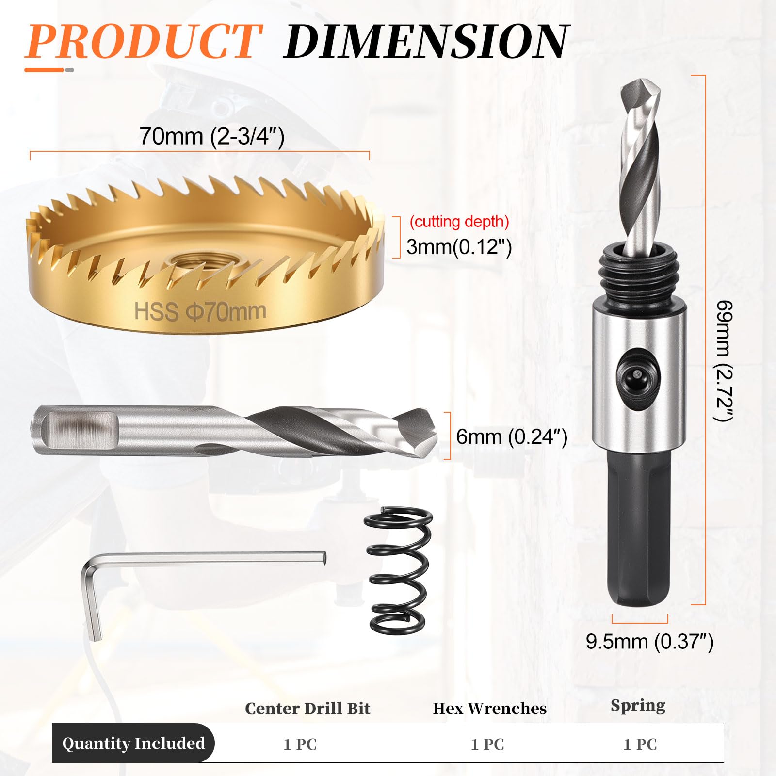 METALLIXITY Hole Saw 70mm (2-3/4"), M35 High Speed Steel Hole Cutter with Center Drill Bit, Hex Key and Spring - Image 2