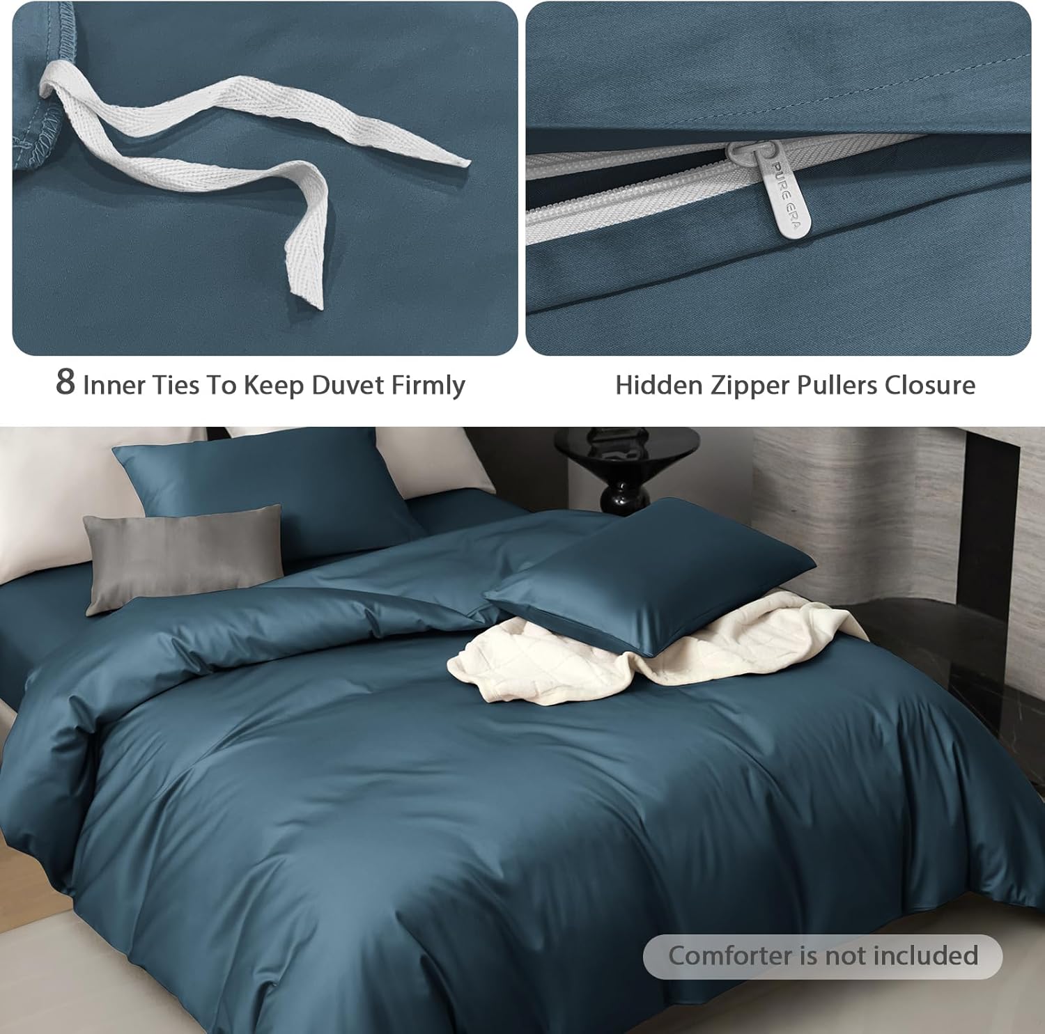 PURE ERA Duvet Cover Set 800 Thread Count Long Staple Cotton Sateen Silky Soft Luxurious Smooth 3 Piece Set Solid Dark Blue King - Image 4