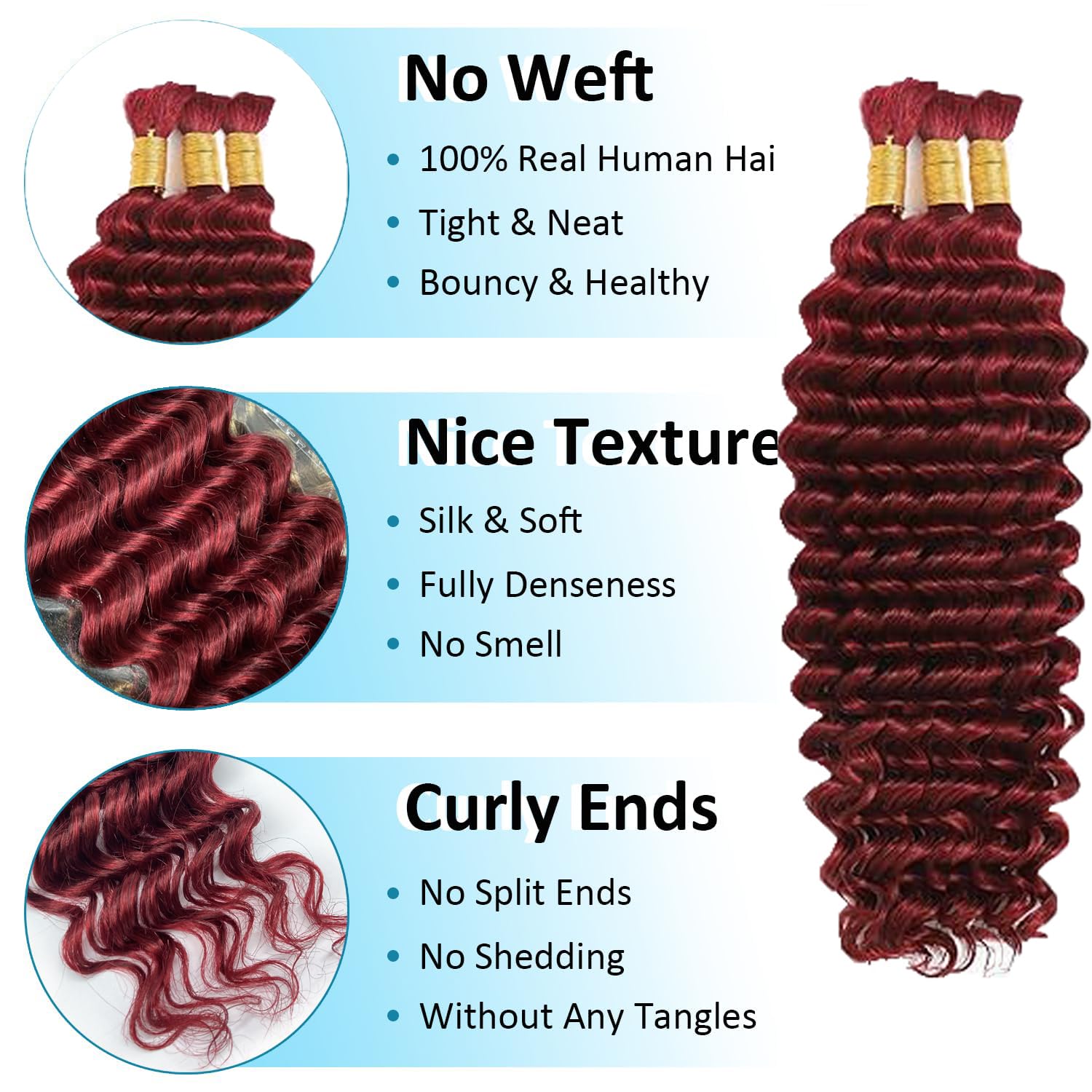 #99J Burgundy Human Braiding Hair for Boho Braids Human hair, 24 Inch 150g 3Pcs,Wine Red Deep Wave for Braiding Curly Knotless Hairs Extensions
