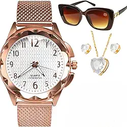 Relogio feminino prova dagua social medio + caixa presente premium + oculos sol original + kit joias colar e brincos folhadas moda casual luxo