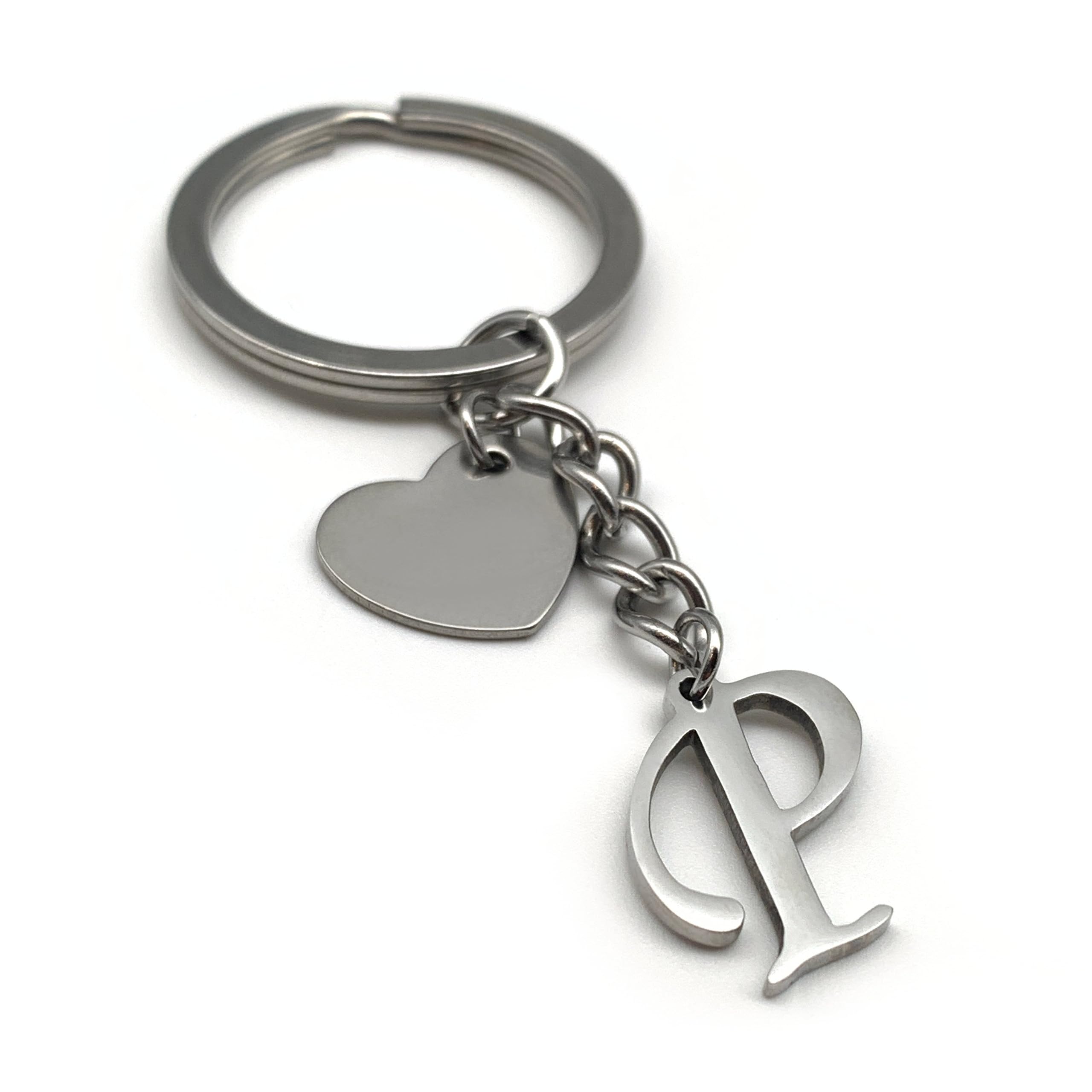 EVEMATE Keyring Letter with Heart - Initial A-Z Pendant Keychain - Handmade Stainless Steel - Name Gift Car Friend Partner (P)